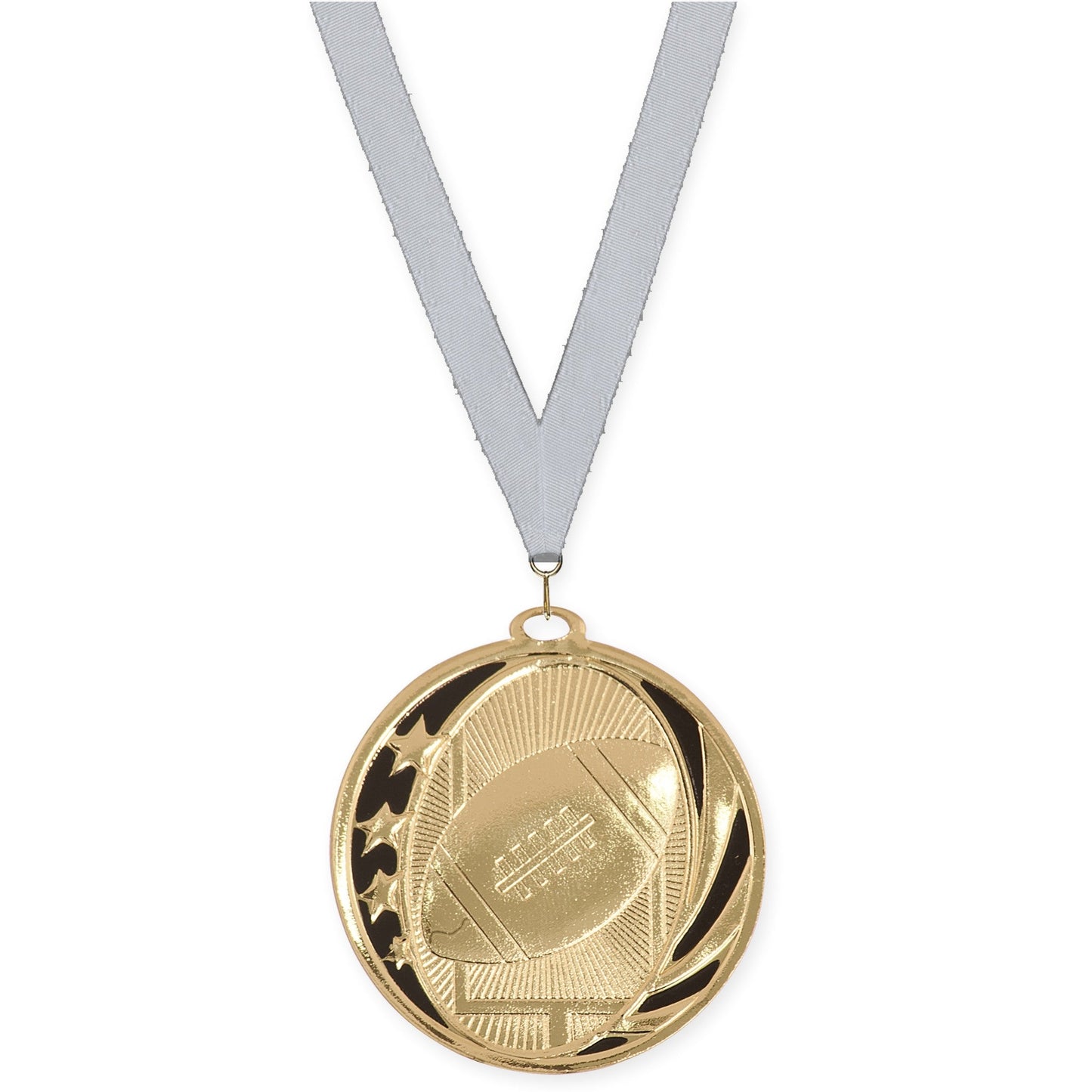 2 inch football MidNite Star medal in bright gold with Silver Metallic neck ribbon