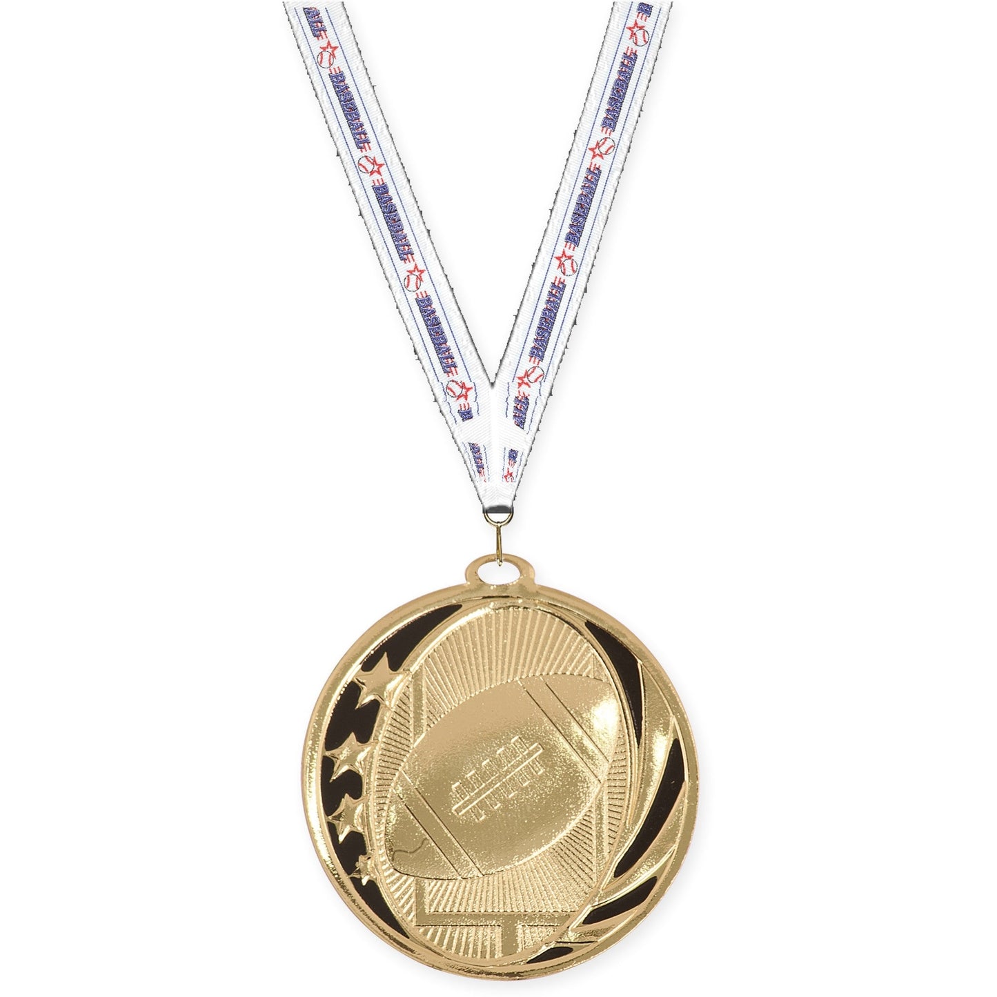 2 inch football MidNite Star medal in bright gold with Baseball neck ribbon