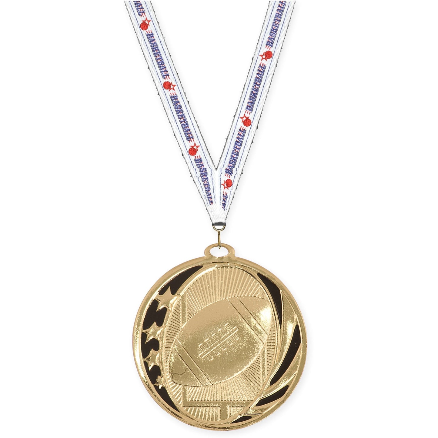 2 inch football MidNite Star medal in bright gold with Basketball neck ribbon