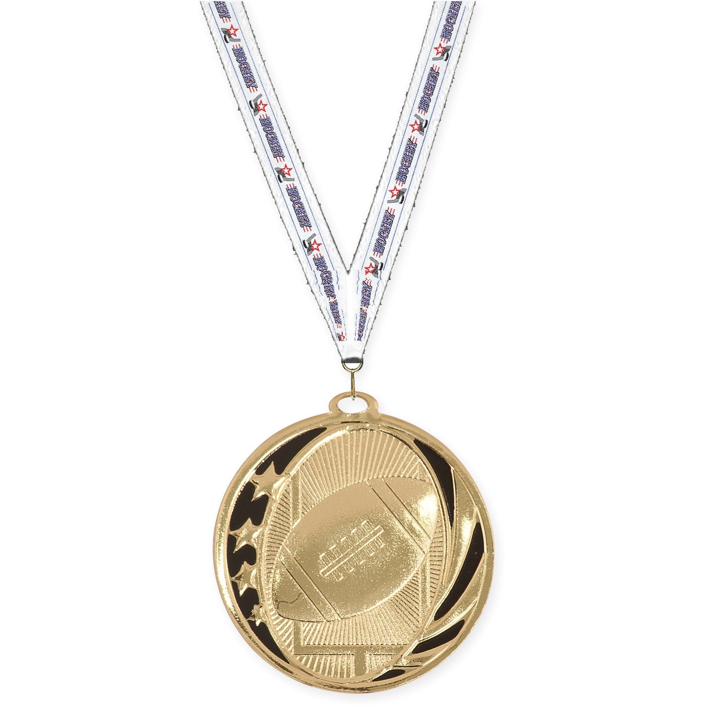 2 inch football MidNite Star medal in bright gold with Hockey neck ribbon