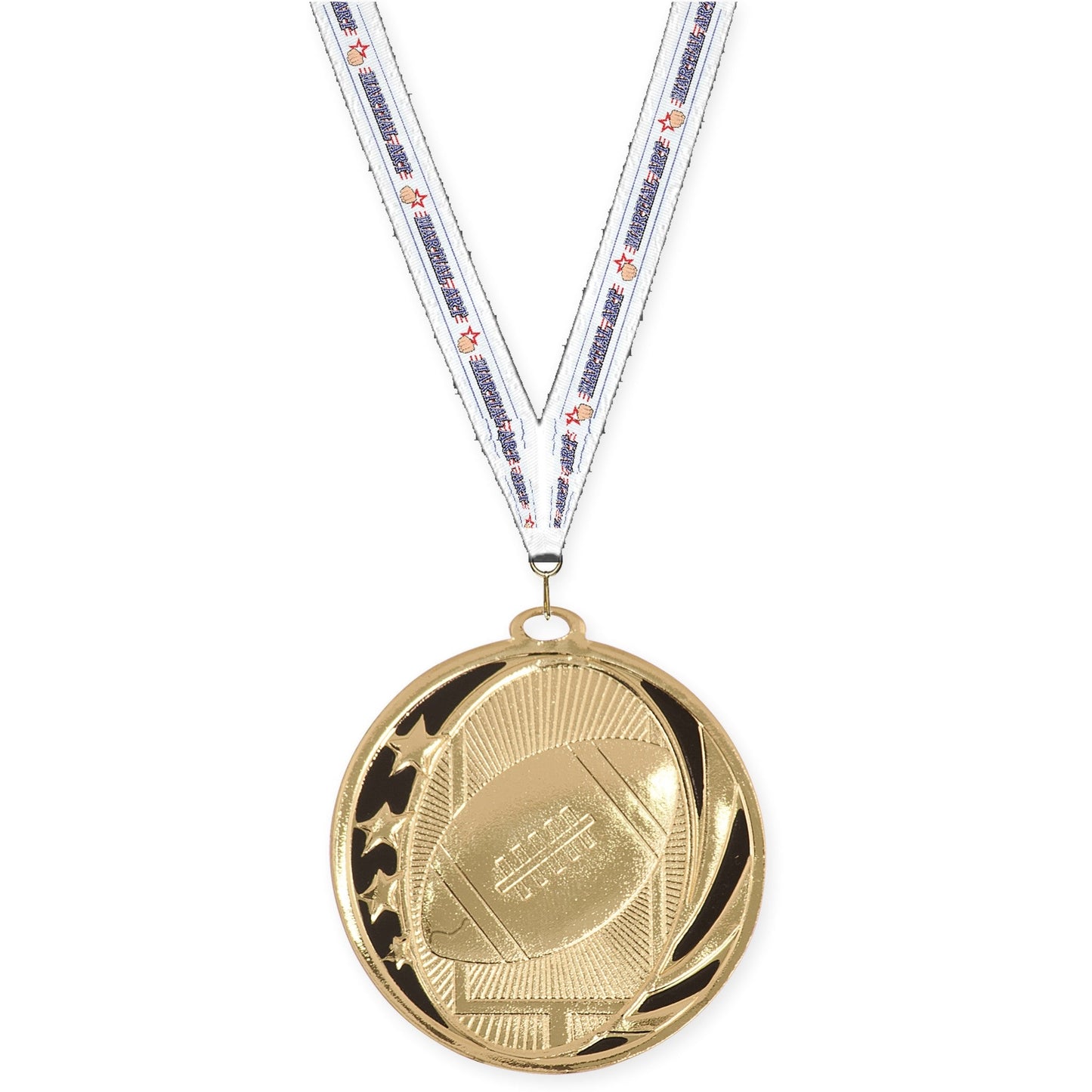 2 inch football MidNite Star medal in bright gold with Martial Arts neck ribbon
