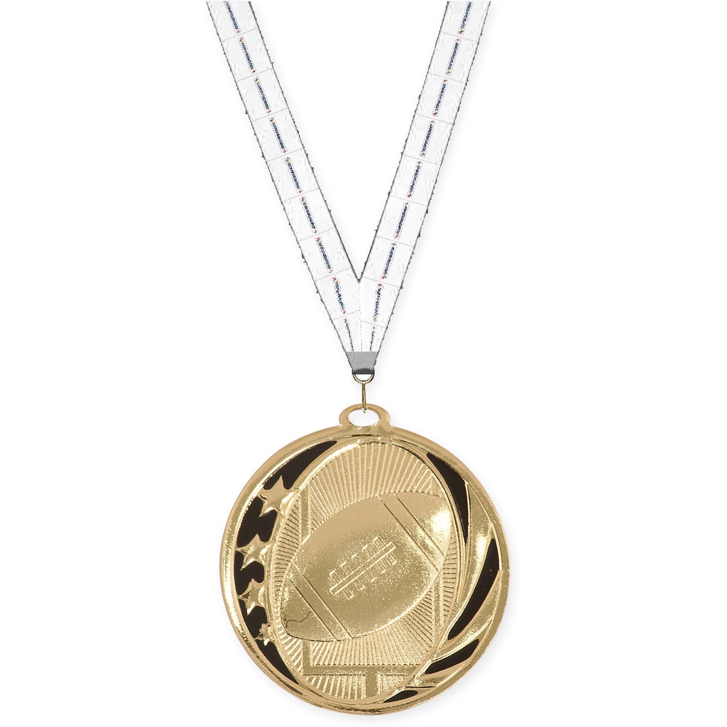 2 inch football MidNite Star medal in bright gold with Lamp Of Knowledge neck ribbon