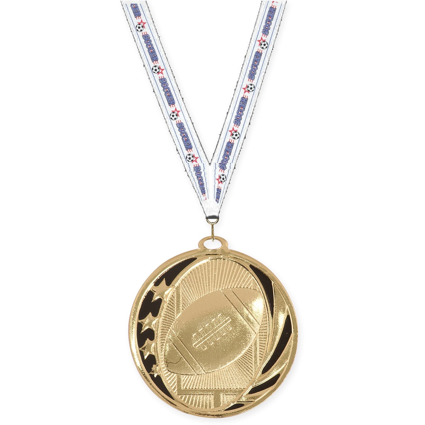 2 inch football MidNite Star medal in bright gold with Soccer neck ribbon