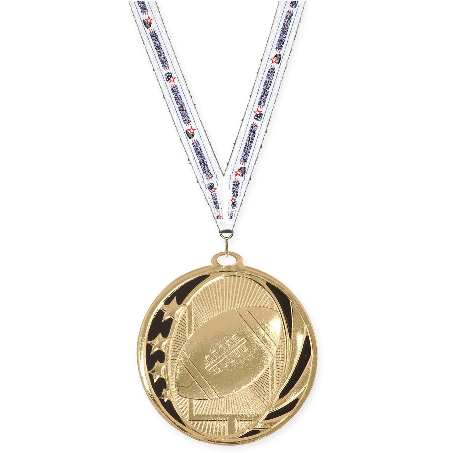 2 inch football MidNite Star medal in bright gold with Wrestling neck ribbon