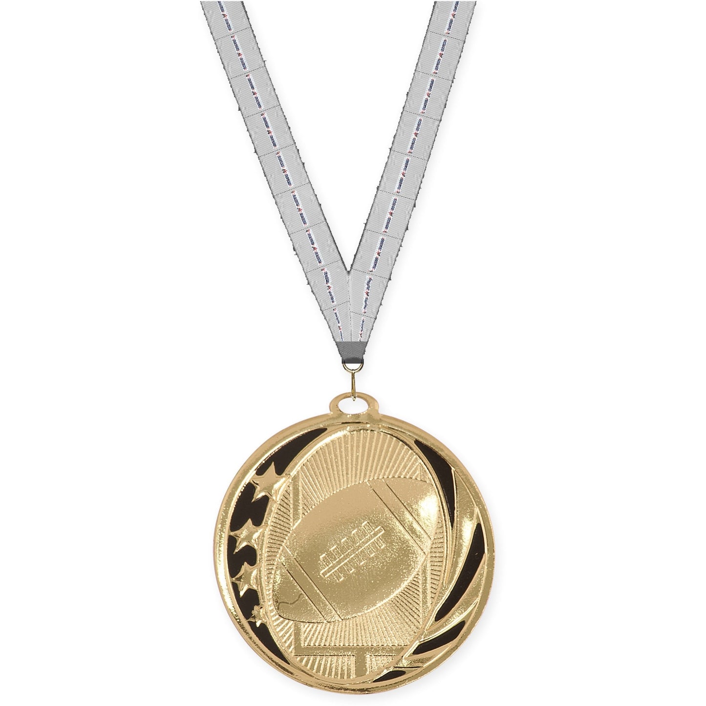 2 inch football MidNite Star medal in bright gold with Auto Racing neck ribbon