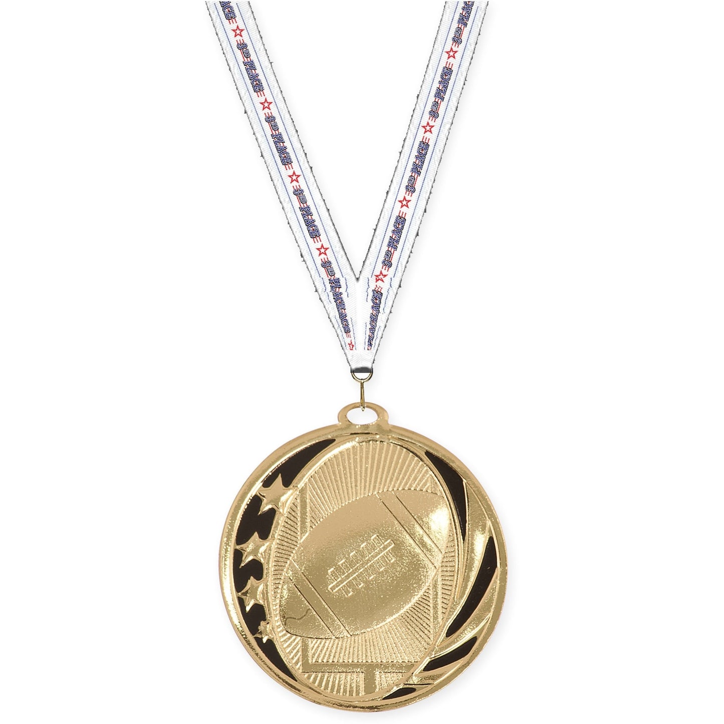 2 inch football MidNite Star medal in bright gold with 3rd Place neck ribbon