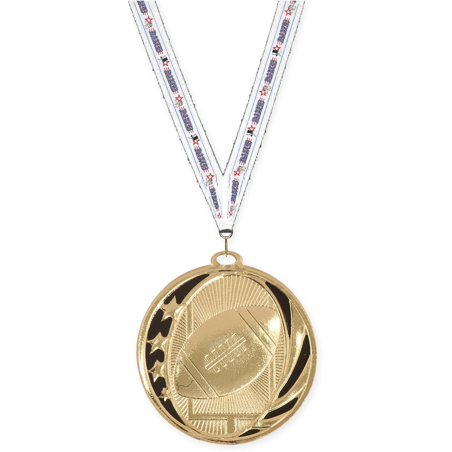 2 inch football MidNite Star medal in bright gold with Dance neck ribbon