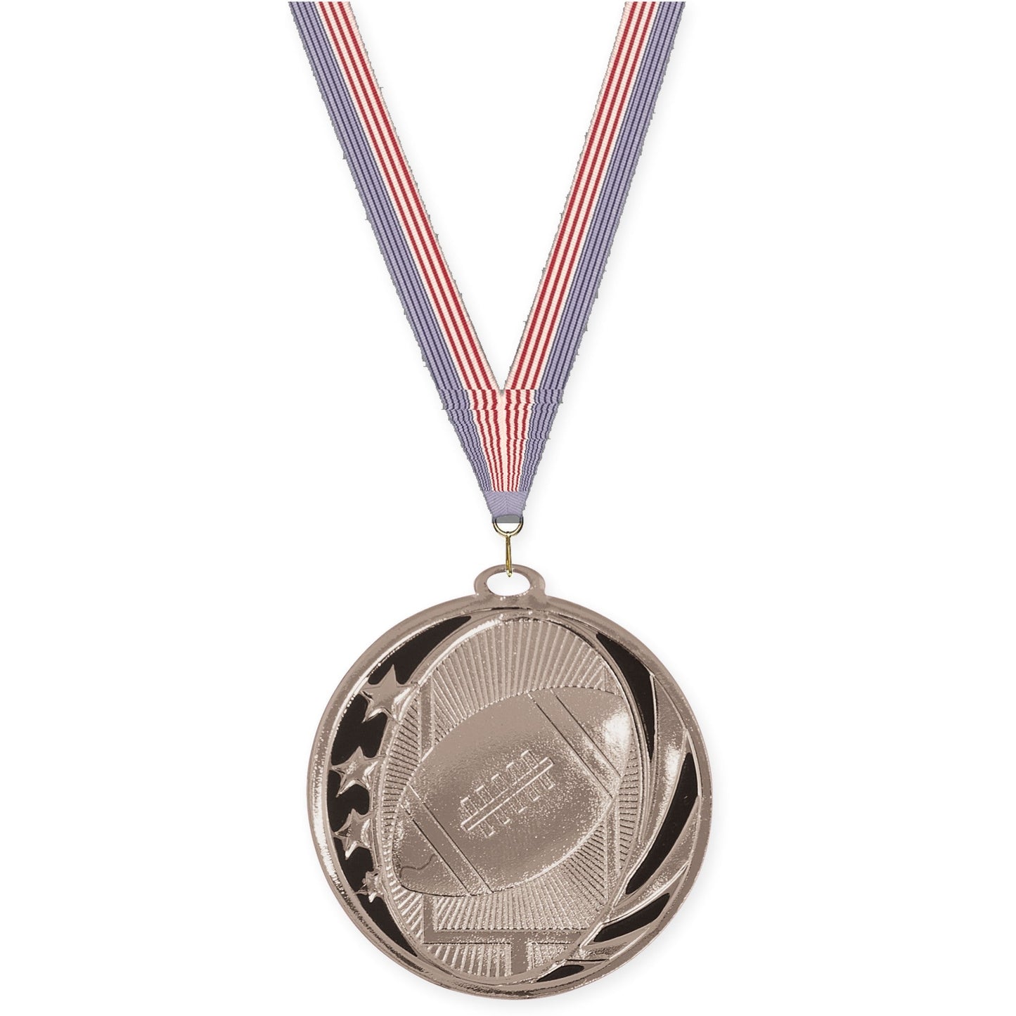 2 inch football MidNite Star medal in bright silver with USA Flag neck ribbon