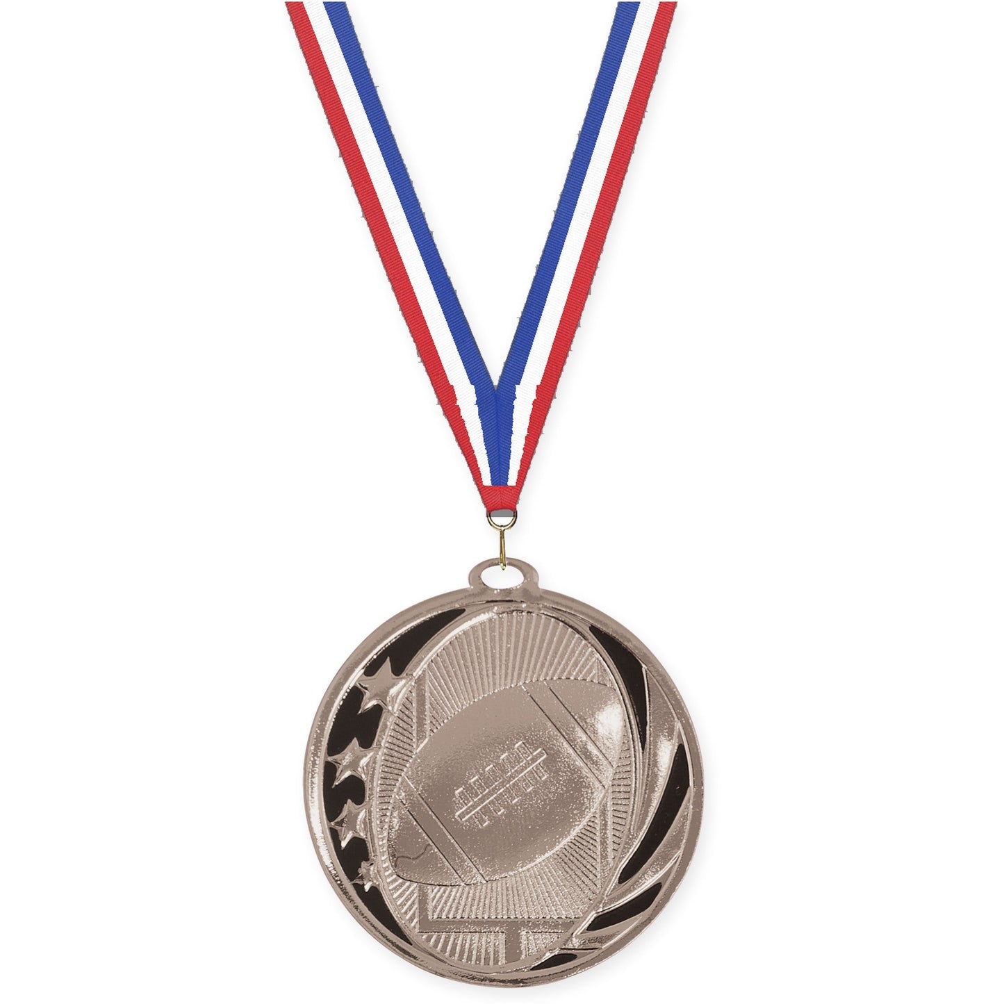 2 inch football MidNite Star medal in bright silver with Red White Blue neck ribbon