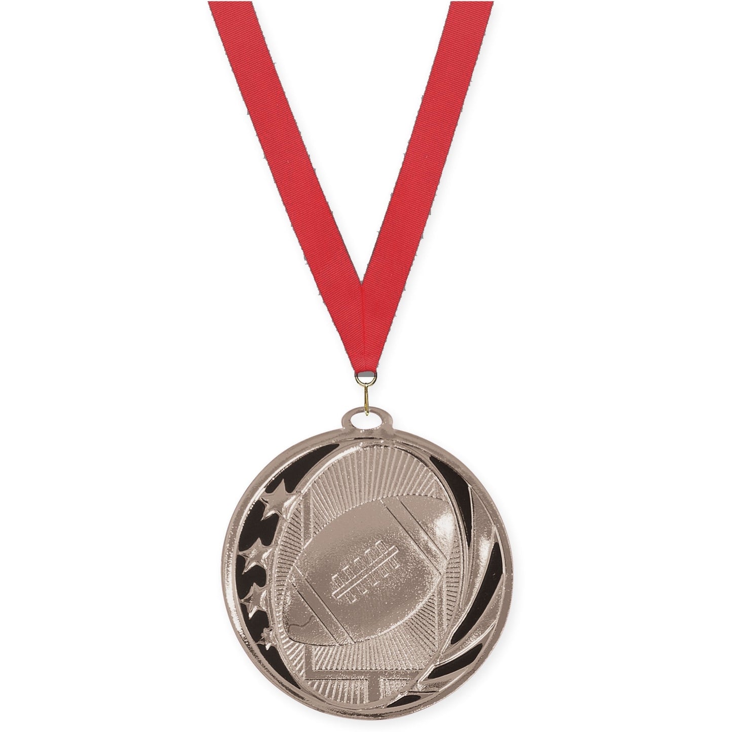 2 inch football MidNite Star medal in bright silver with Red neck ribbon
