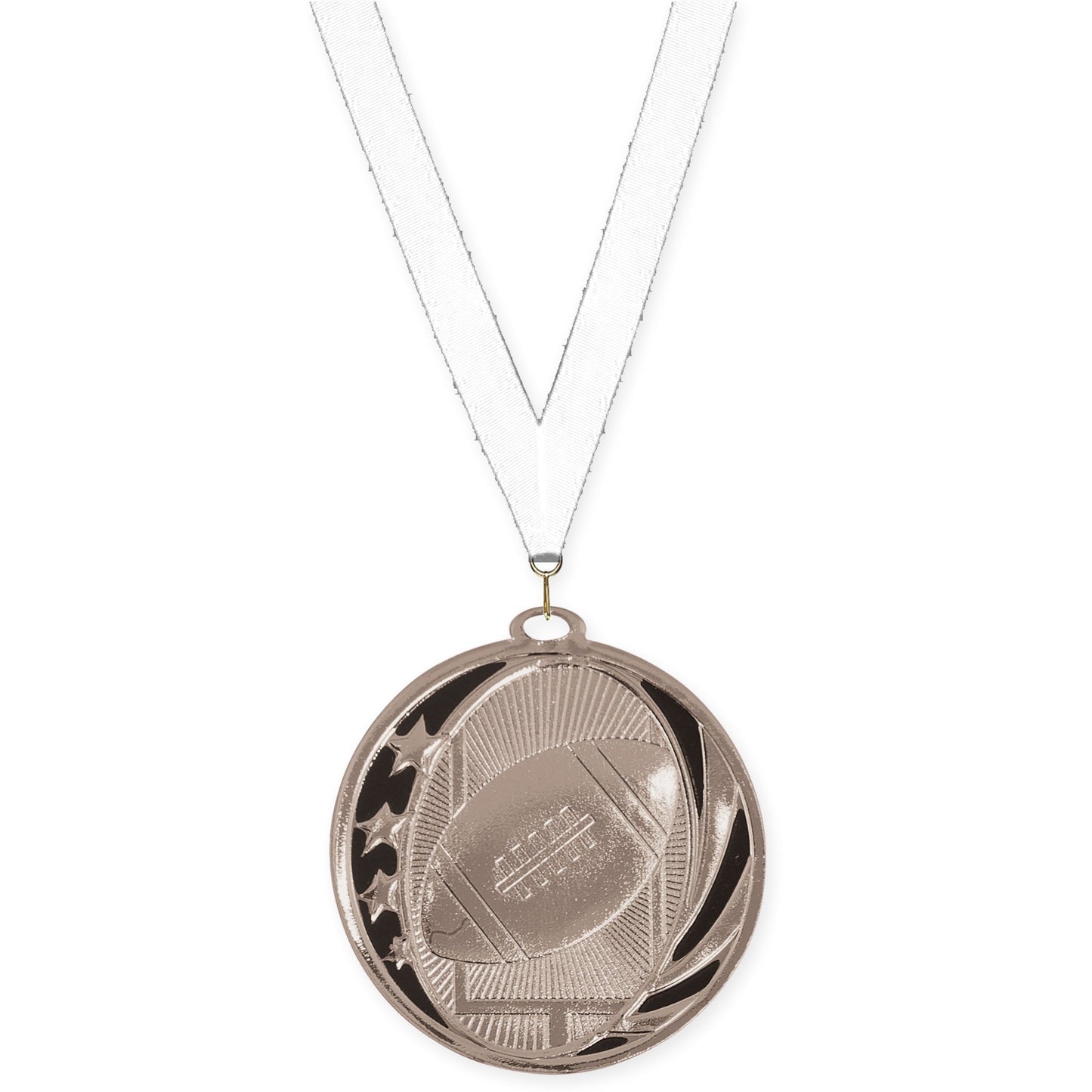 2 inch football MidNite Star medal in bright silver with White neck ribbon