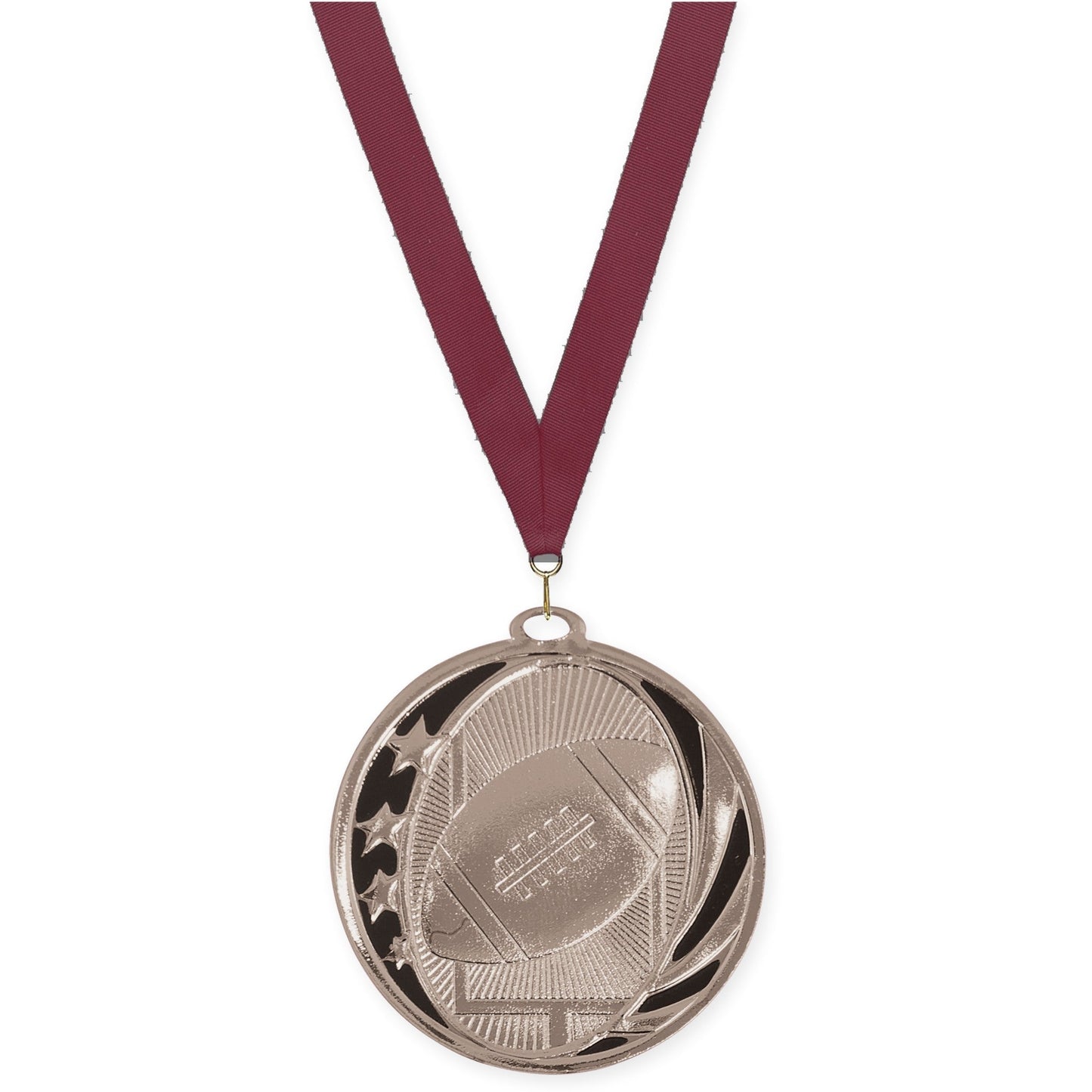2 inch football MidNite Star medal in bright silver with Maroon neck ribbon