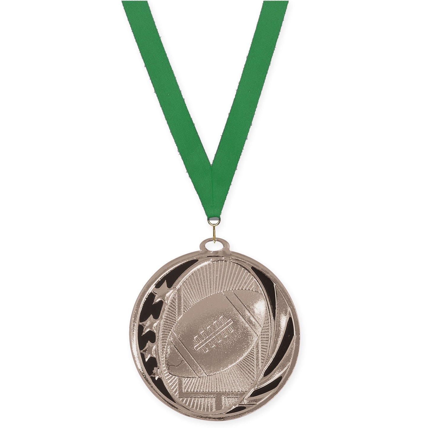 2 inch football MidNite Star medal in bright silver with Green neck ribbon