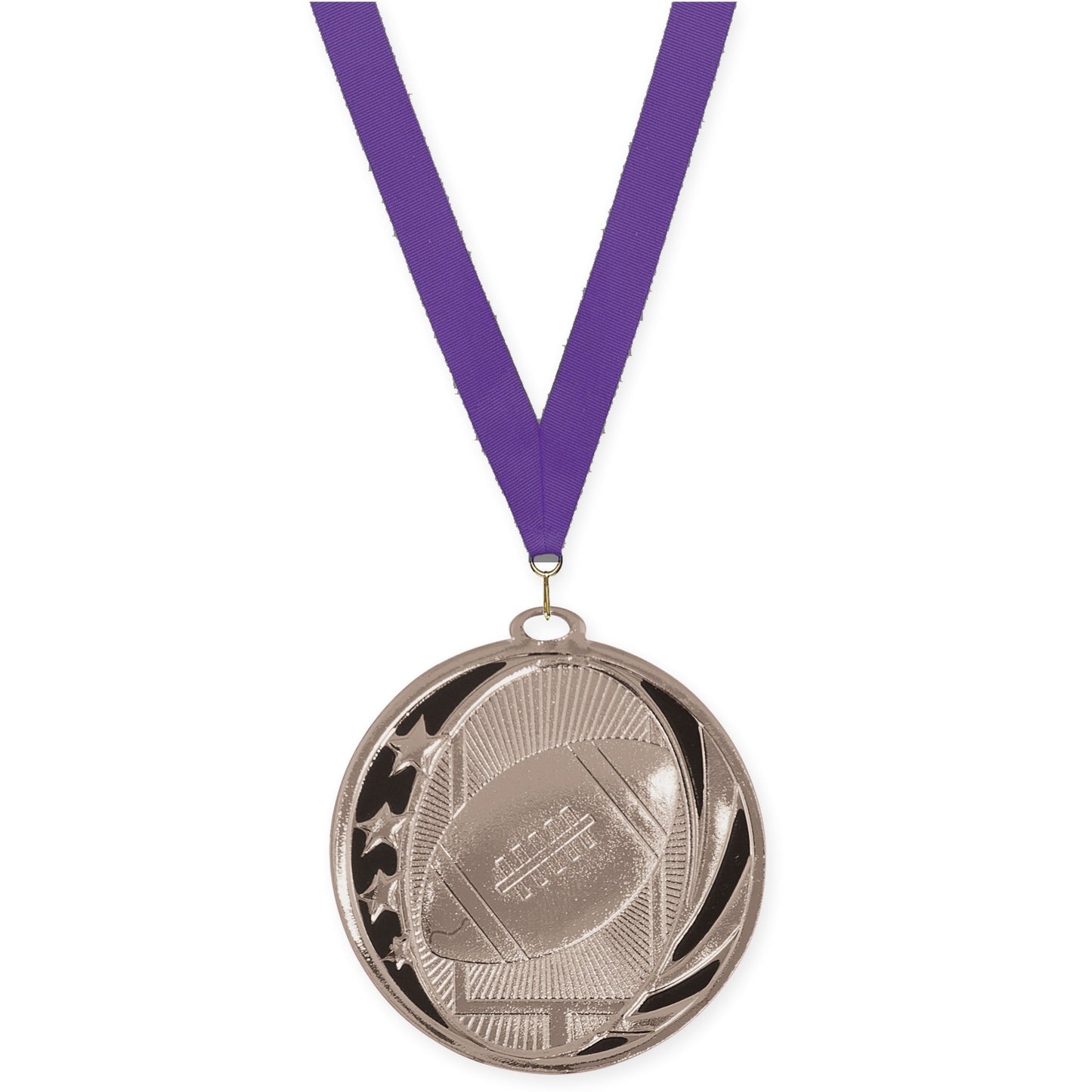 2 inch football MidNite Star medal in bright silver with Purple neck ribbon