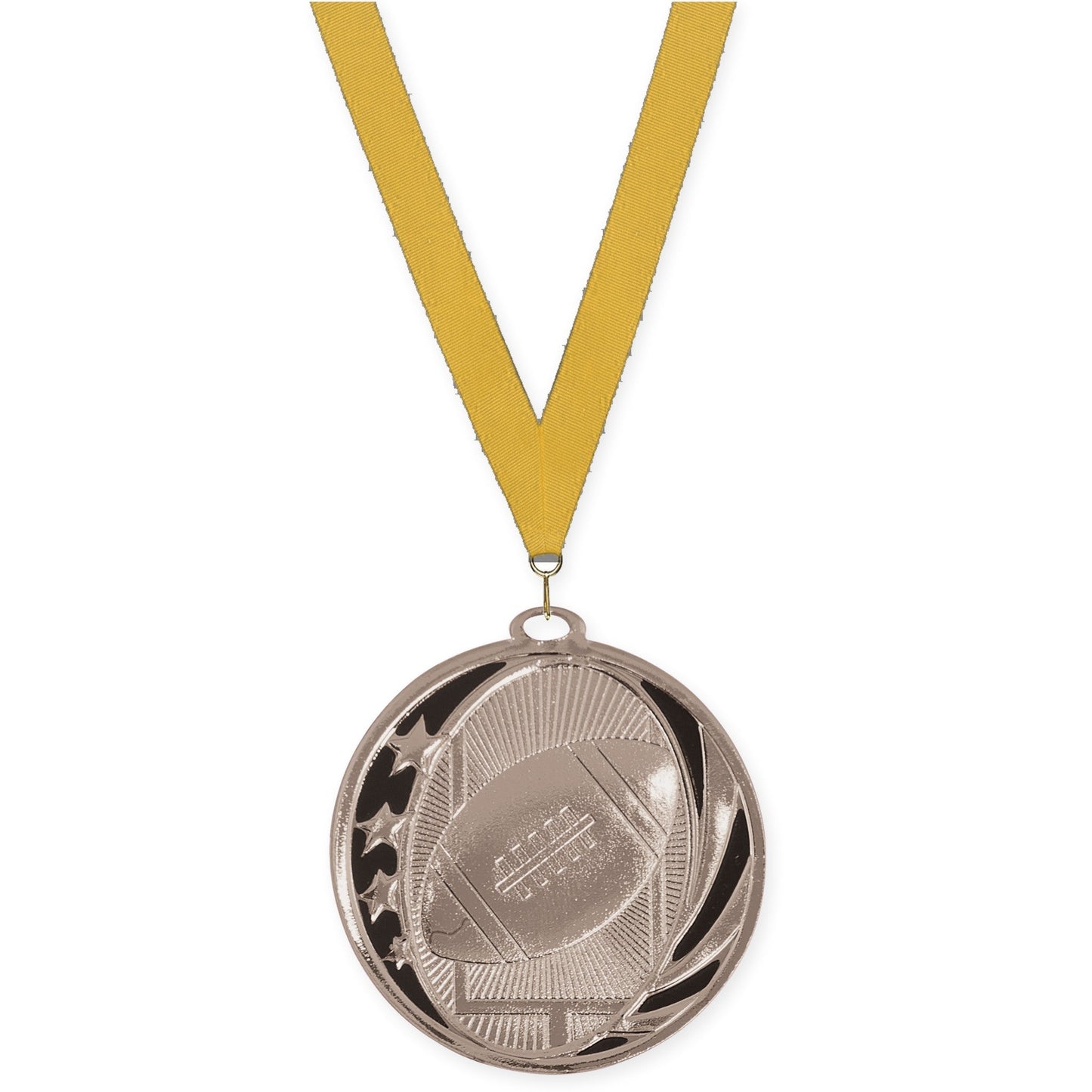 2 inch football MidNite Star medal in bright silver with Gold neck ribbon