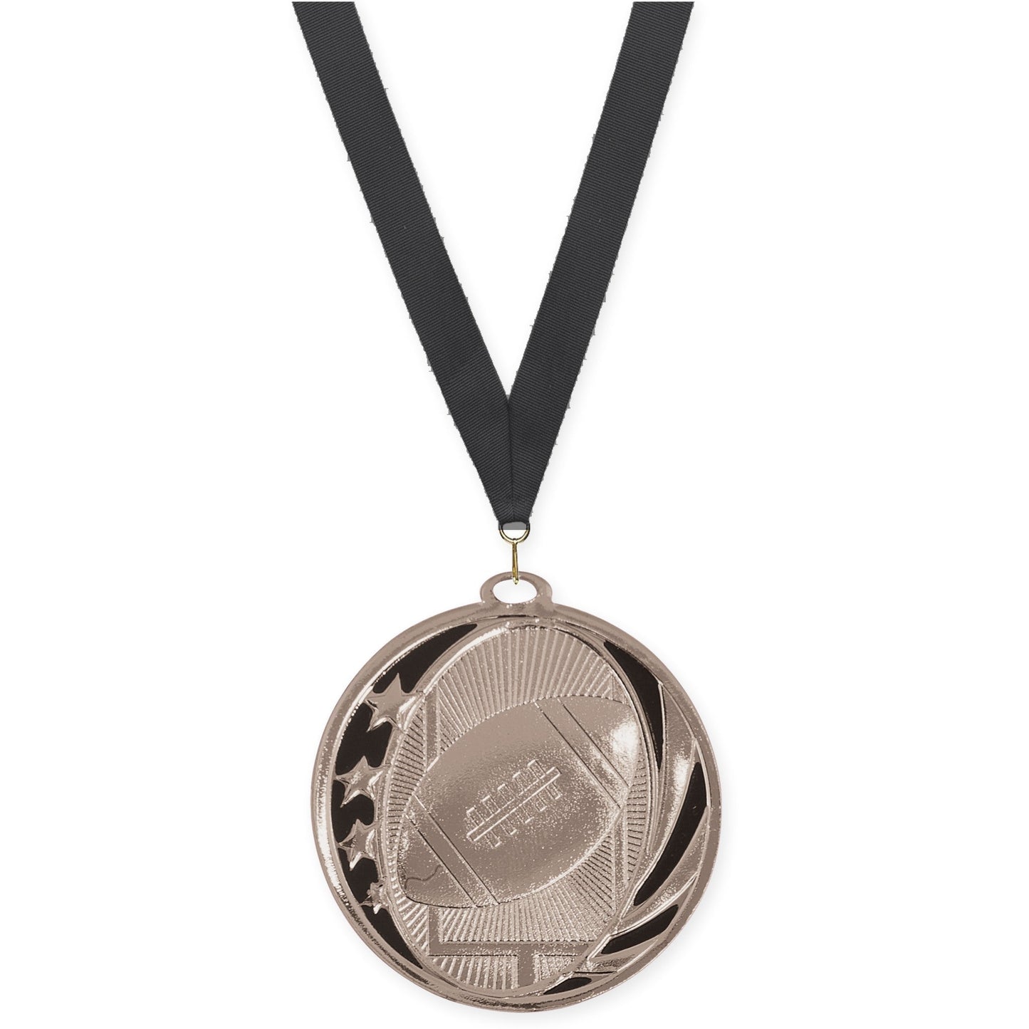 2 inch football MidNite Star medal in bright silver with Black neck ribbon