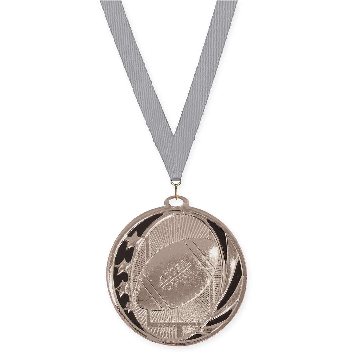 2 inch football MidNite Star medal in bright silver with Gray neck ribbon