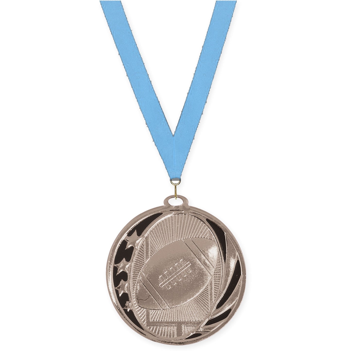 2 inch football MidNite Star medal in bright silver with Light Blue neck ribbon