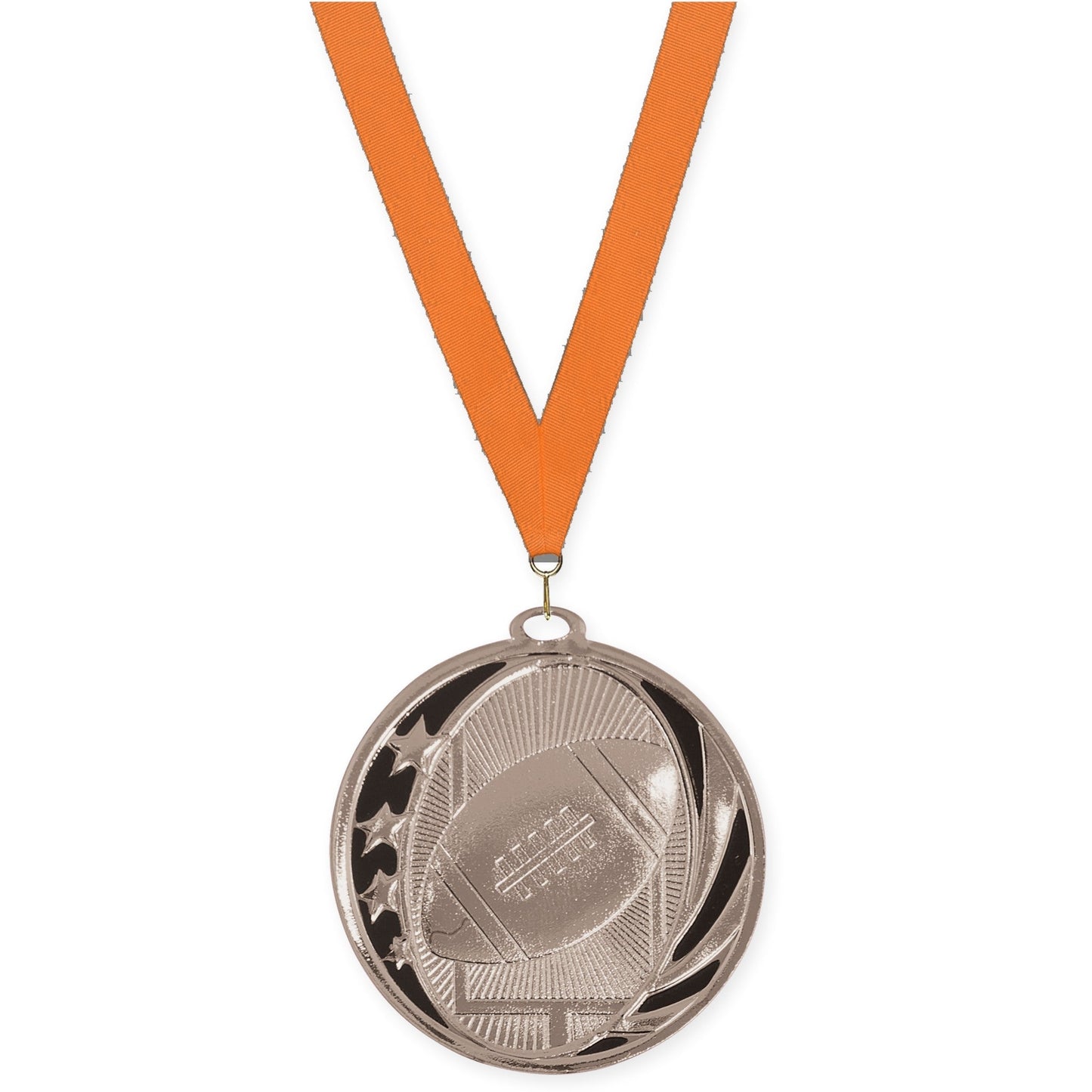 2 inch football MidNite Star medal in bright silver with Orange neck ribbon