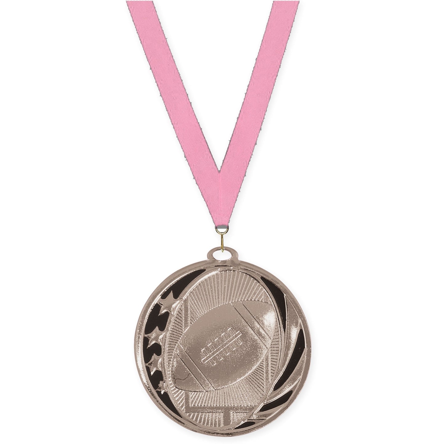 2 inch football MidNite Star medal in bright silver with Pink neck ribbon