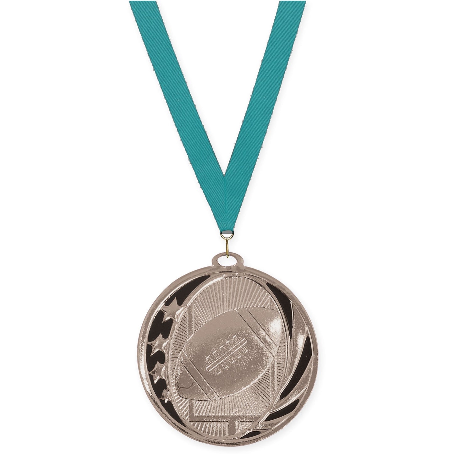 2 inch football MidNite Star medal in bright silver with Teal neck ribbon