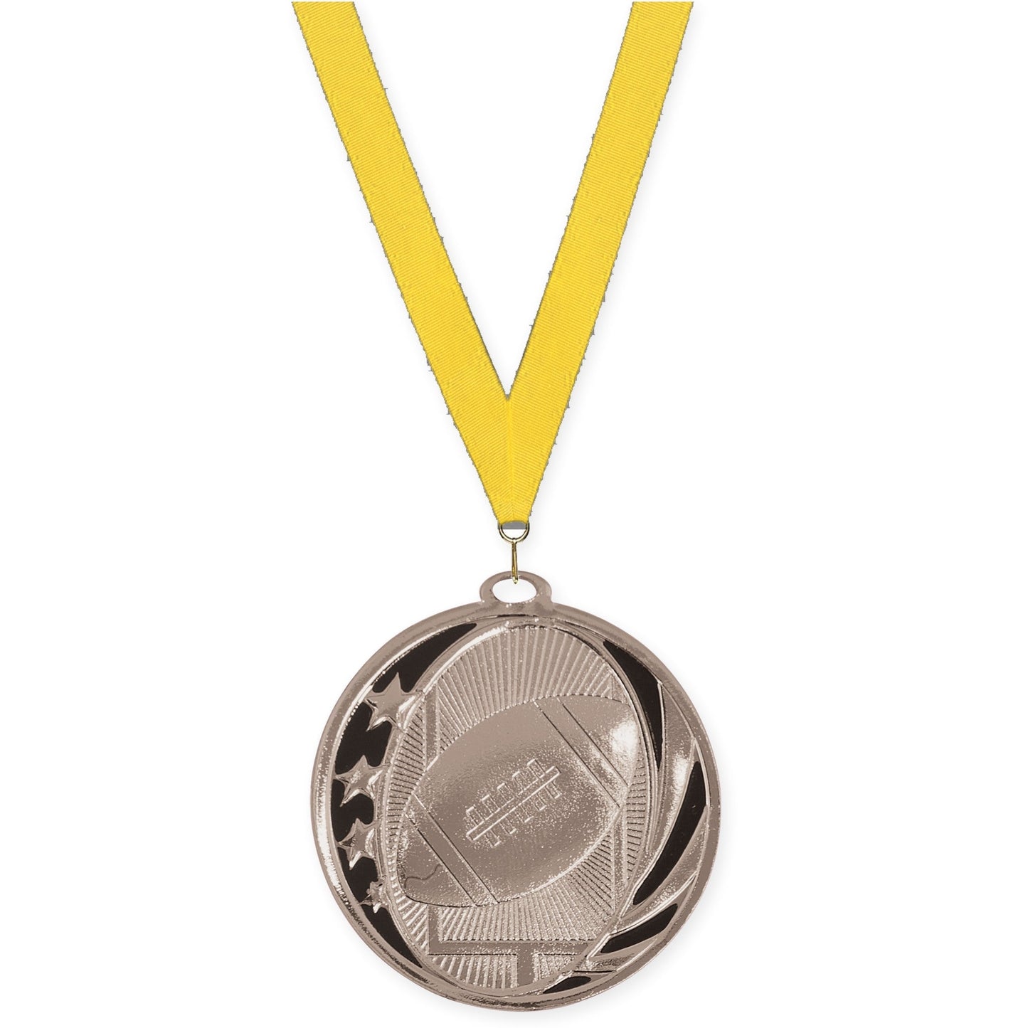 2 inch football MidNite Star medal in bright silver with Yellow neck ribbon