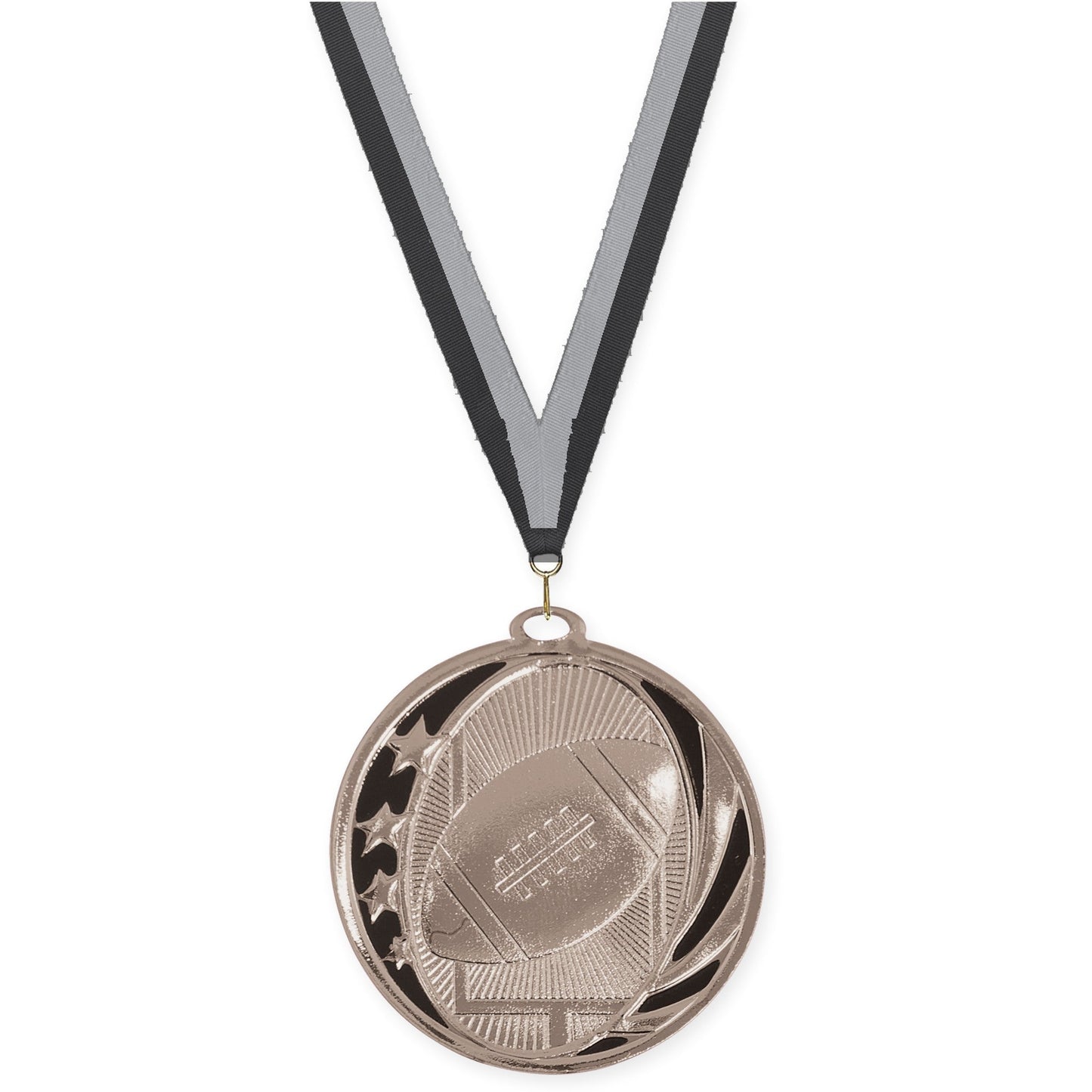 2 inch football MidNite Star medal in bright silver with Black Gray neck ribbon