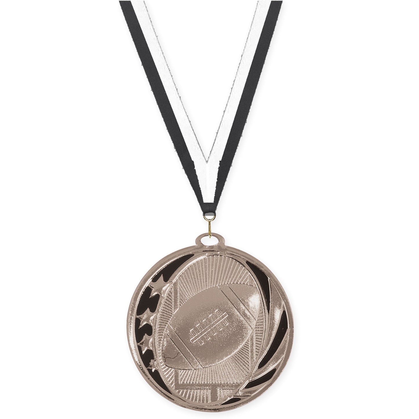 2 inch football MidNite Star medal in bright silver with Black White neck ribbon
