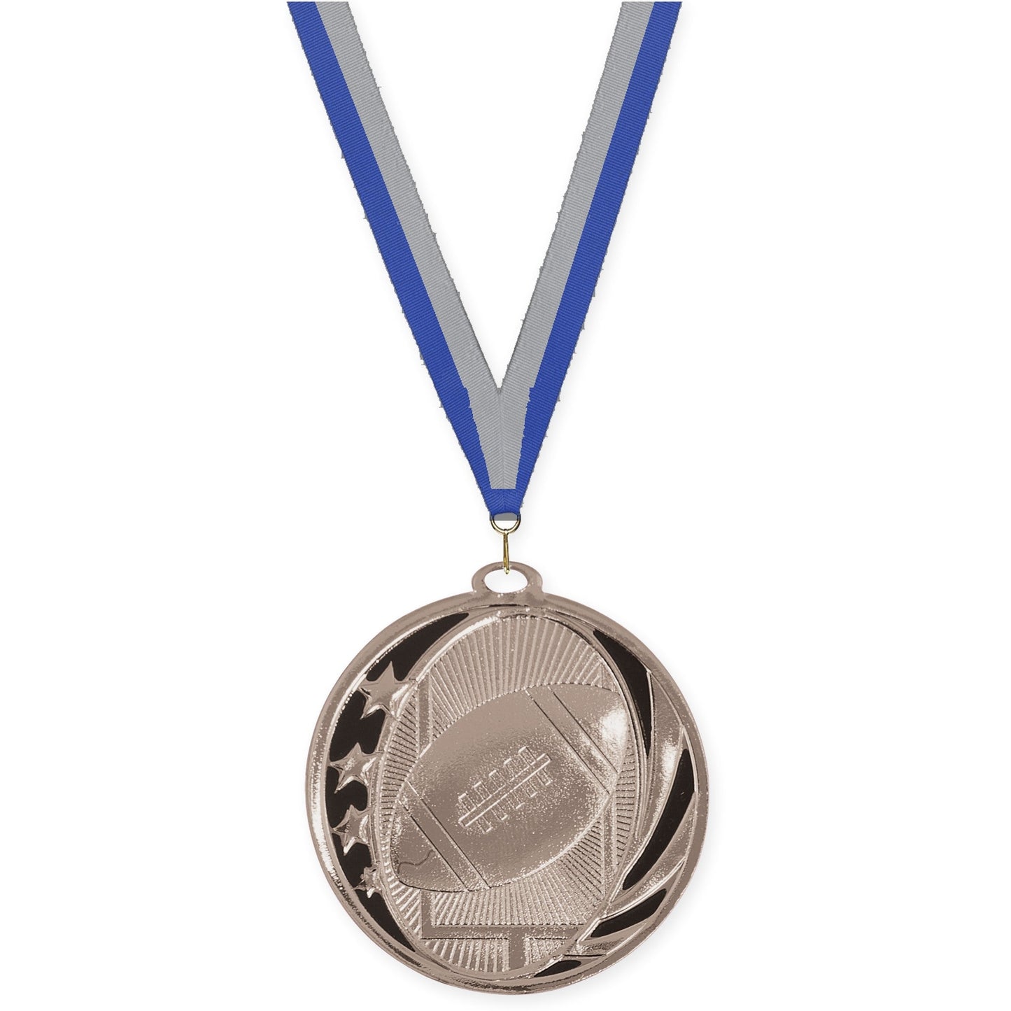 2 inch football MidNite Star medal in bright silver with Blue Gray neck ribbon