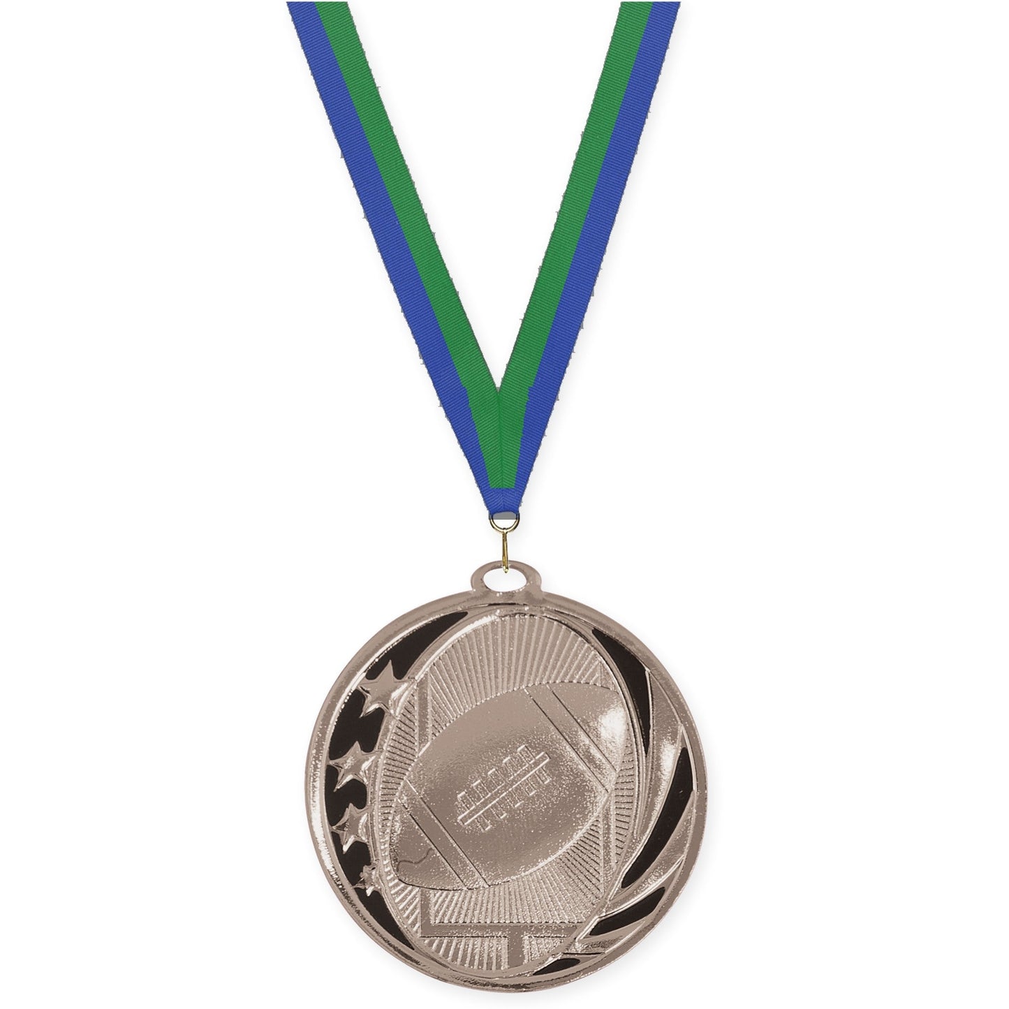 2 inch football MidNite Star medal in bright silver with Blue Green neck ribbon