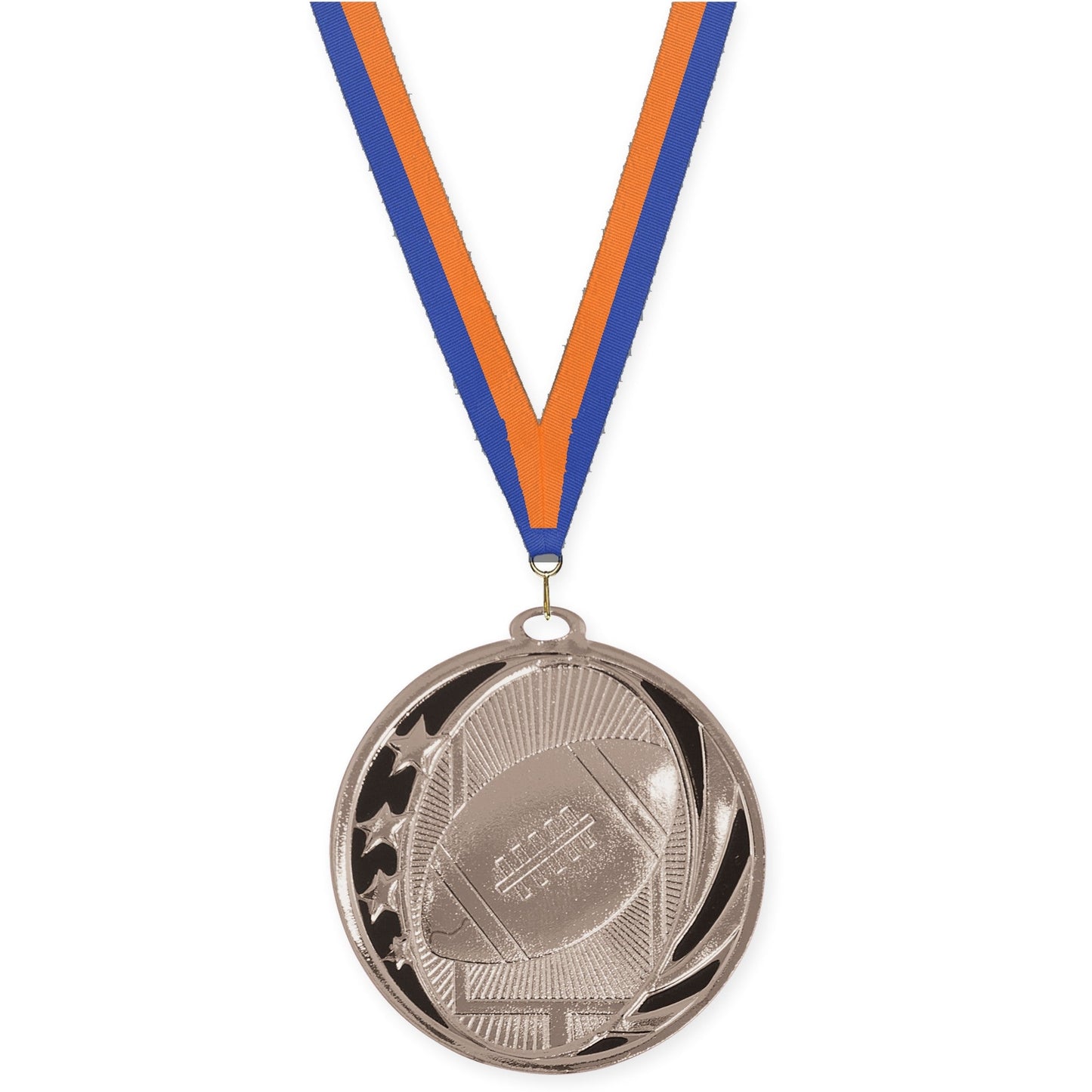 2 inch football MidNite Star medal in bright silver with Blue Orange neck ribbon