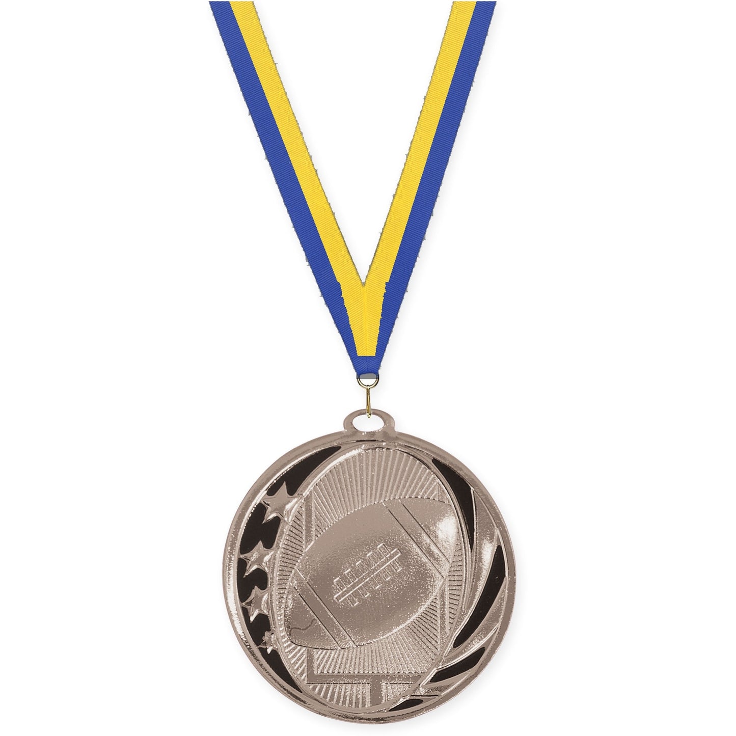 2 inch football MidNite Star medal in bright silver with Blue Yellow neck ribbon