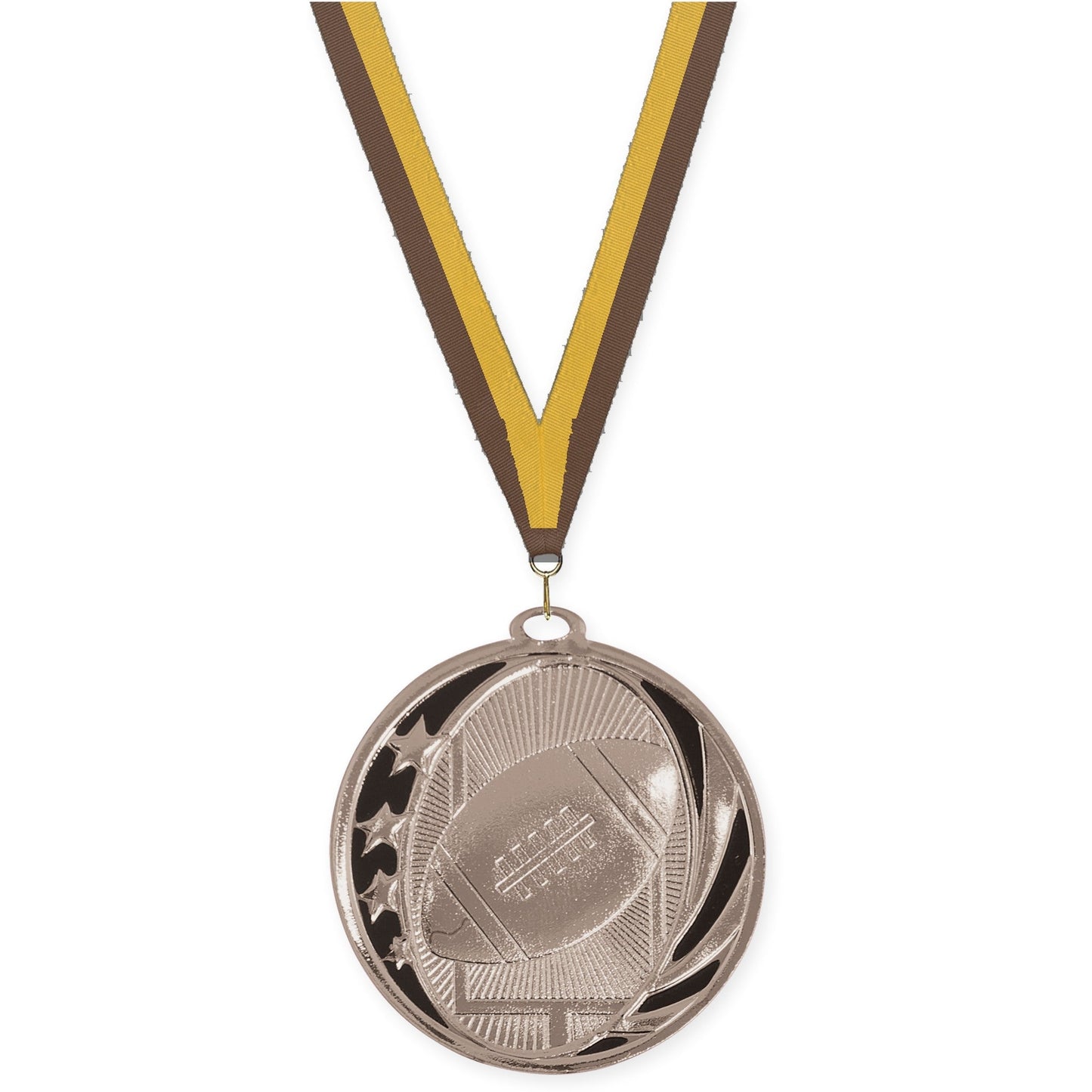 2 inch football MidNite Star medal in bright silver with Brown Gold neck ribbon