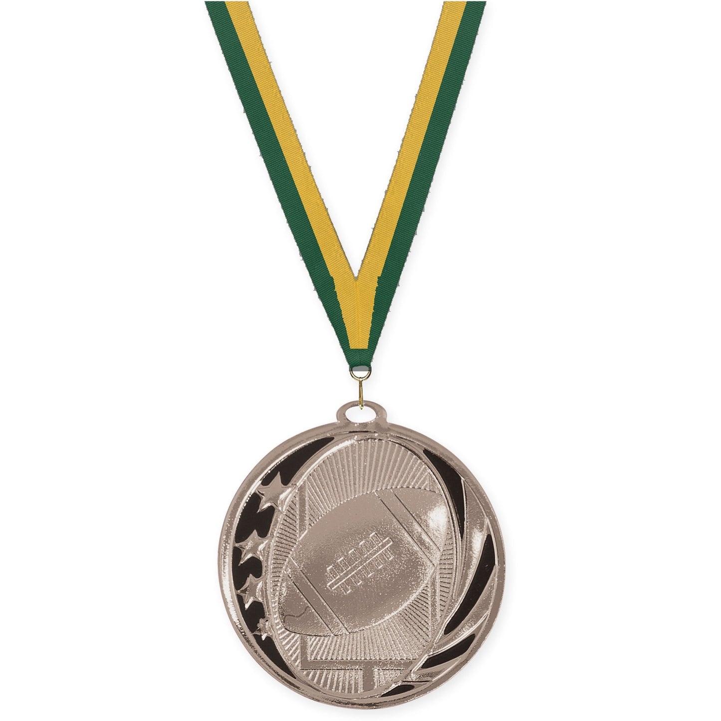 2 inch football MidNite Star medal in bright silver with Hunter Green Gold neck ribbon