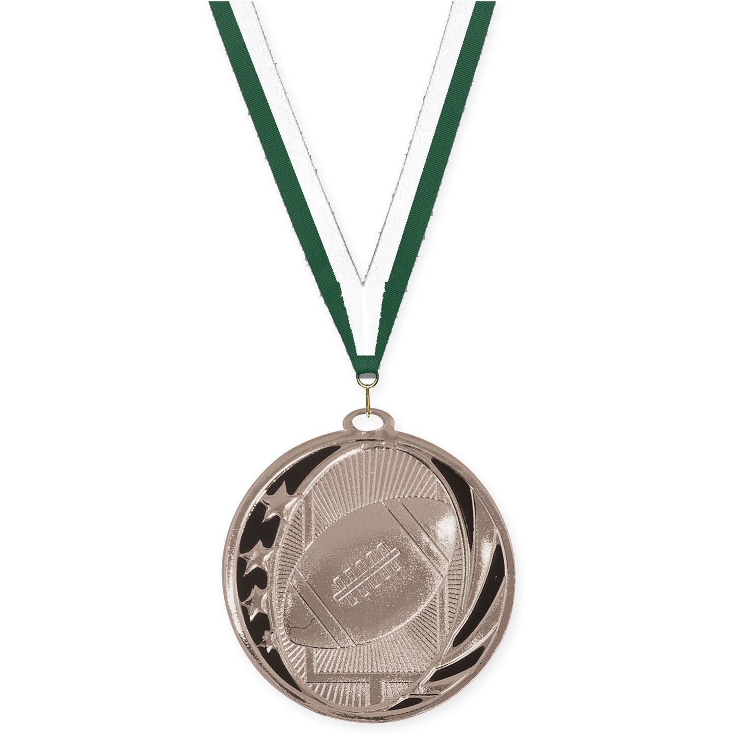 2 inch football MidNite Star medal in bright silver with Hunter Green White neck ribbon