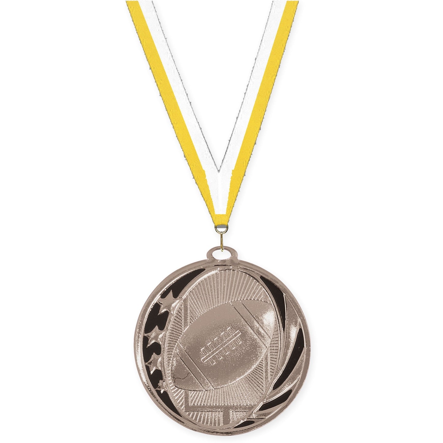 2 inch football MidNite Star medal in bright silver with Yellow White neck ribbon