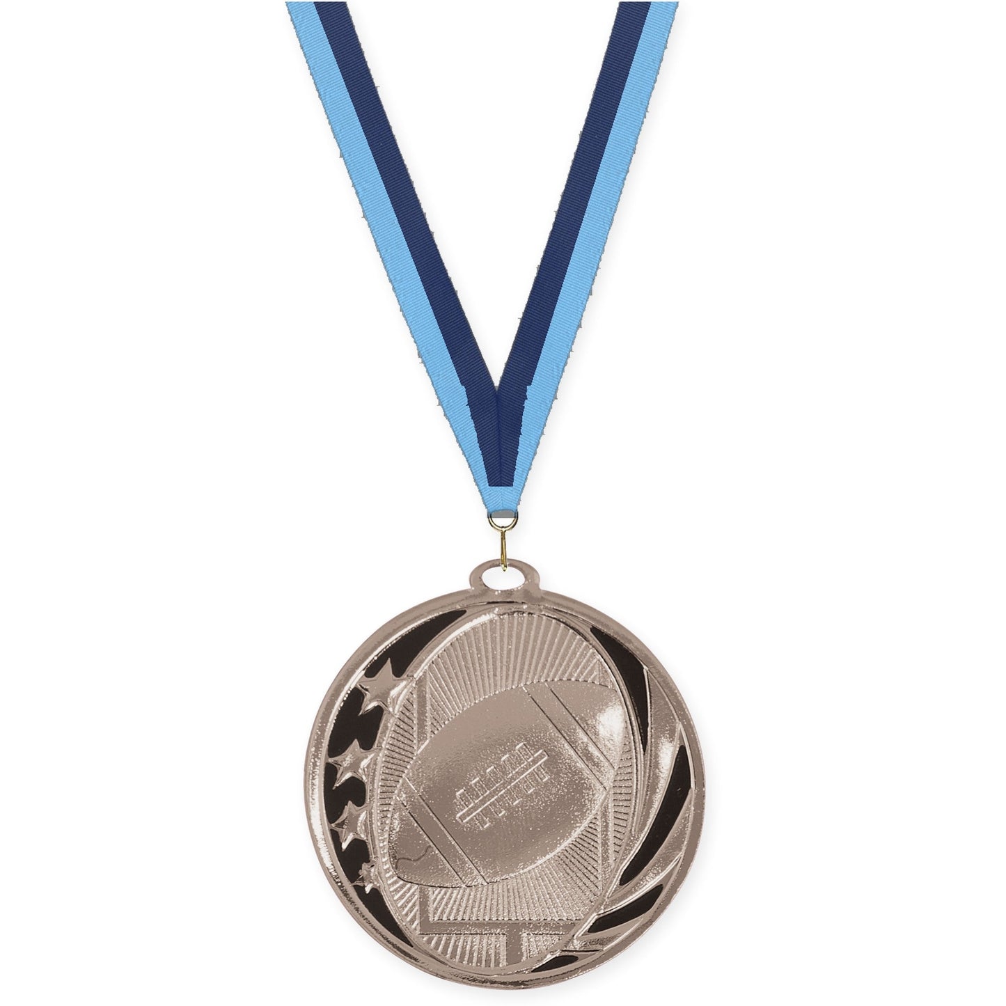 2 inch football MidNite Star medal in bright silver with Light Blue Navy neck ribbon