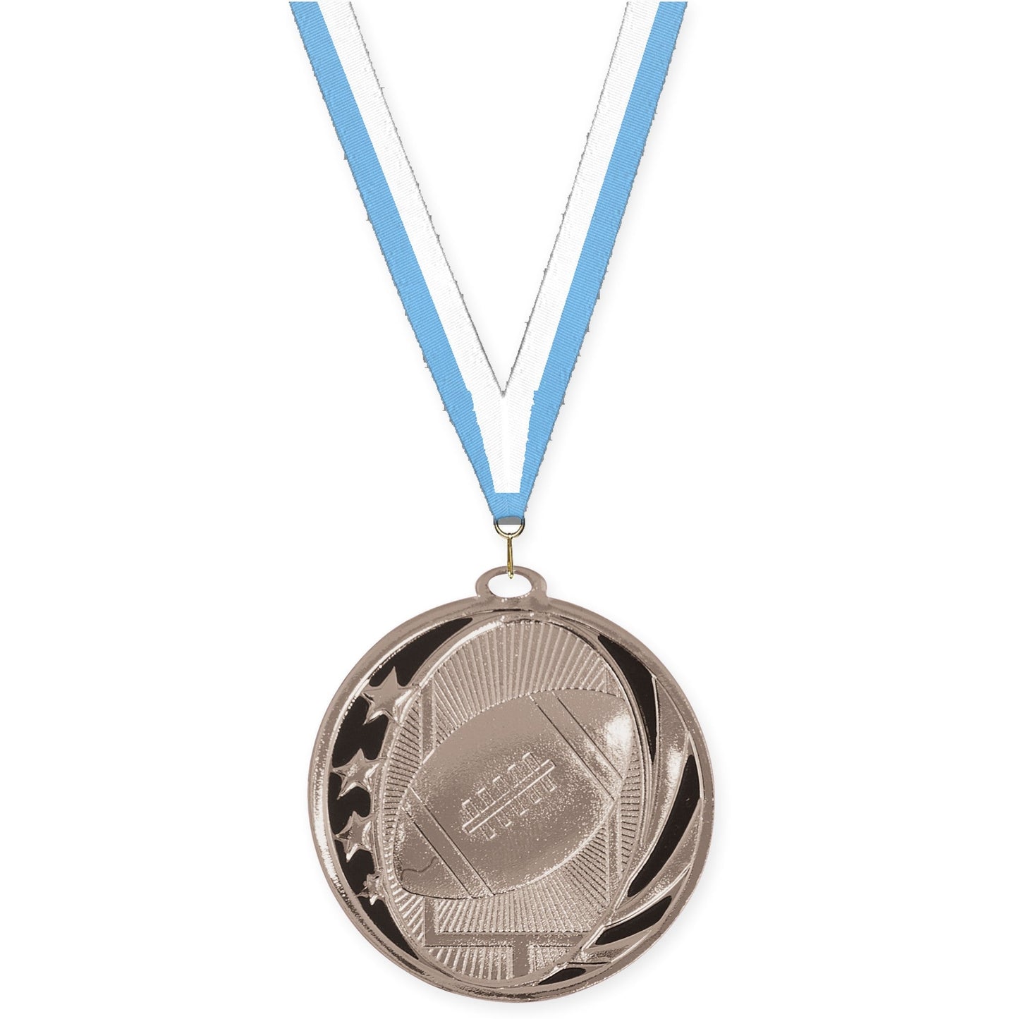 2 inch football MidNite Star medal in bright silver with Light Blue White neck ribbon