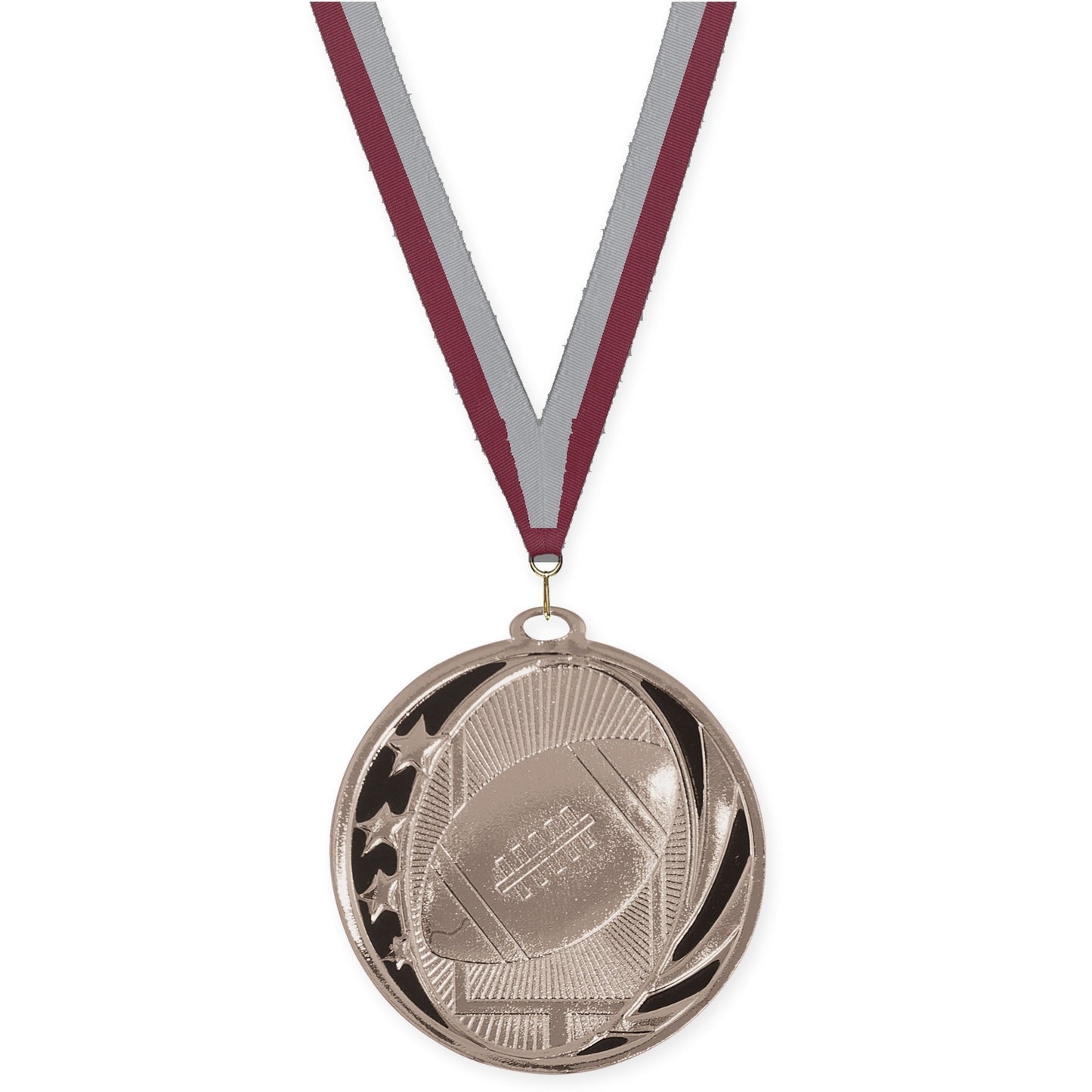 2 inch football MidNite Star medal in bright silver with Maroon Gray neck ribbon