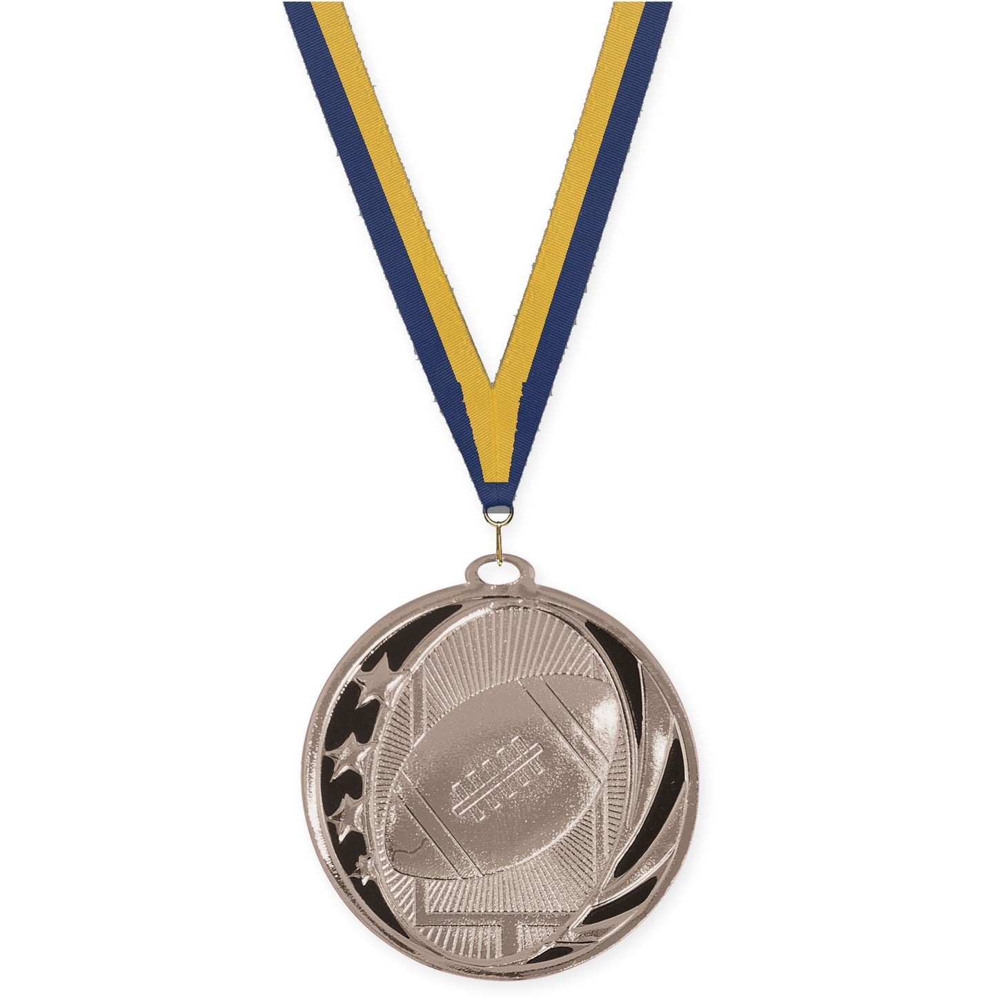 2 inch football MidNite Star medal in bright silver with Navy Gold neck ribbon