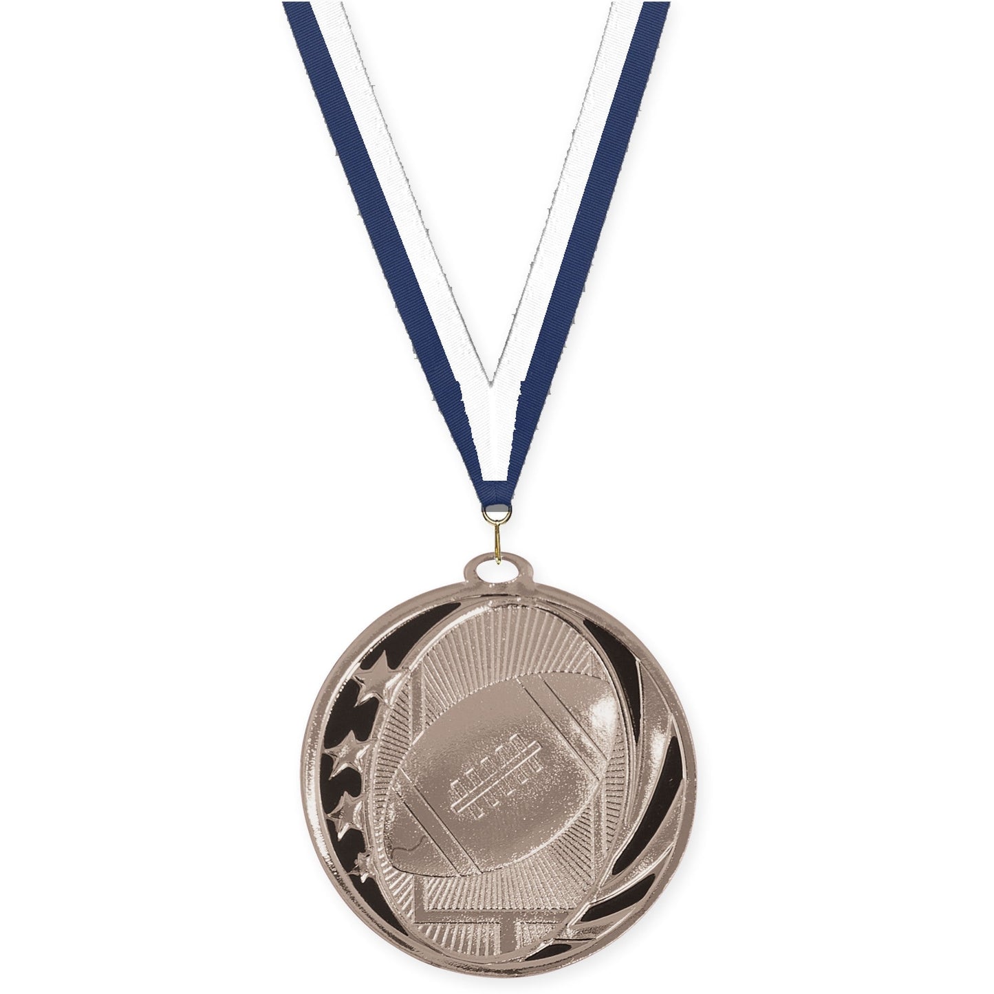 2 inch football MidNite Star medal in bright silver with Navy White neck ribbon