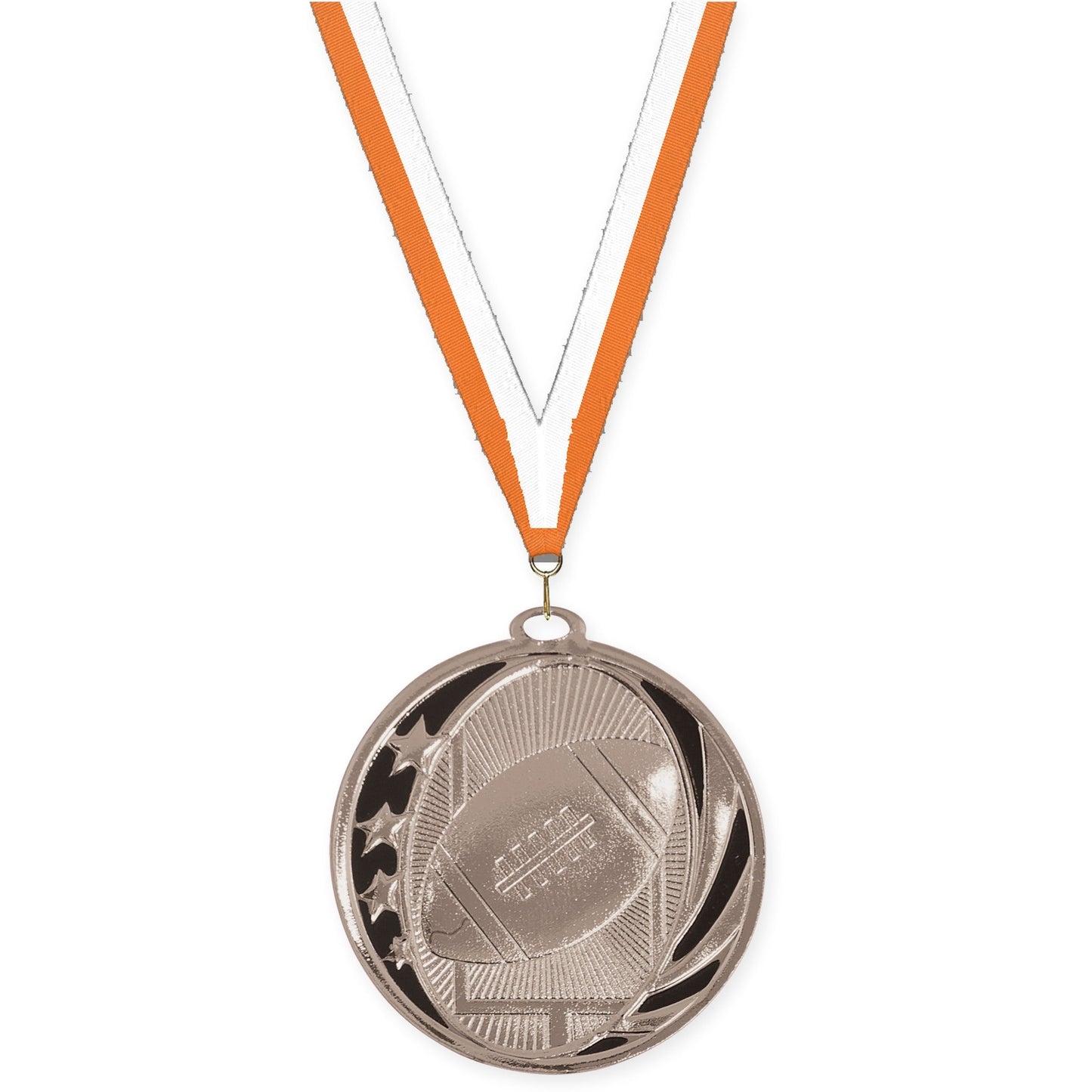 2 inch football MidNite Star medal in bright silver with Orange White neck ribbon
