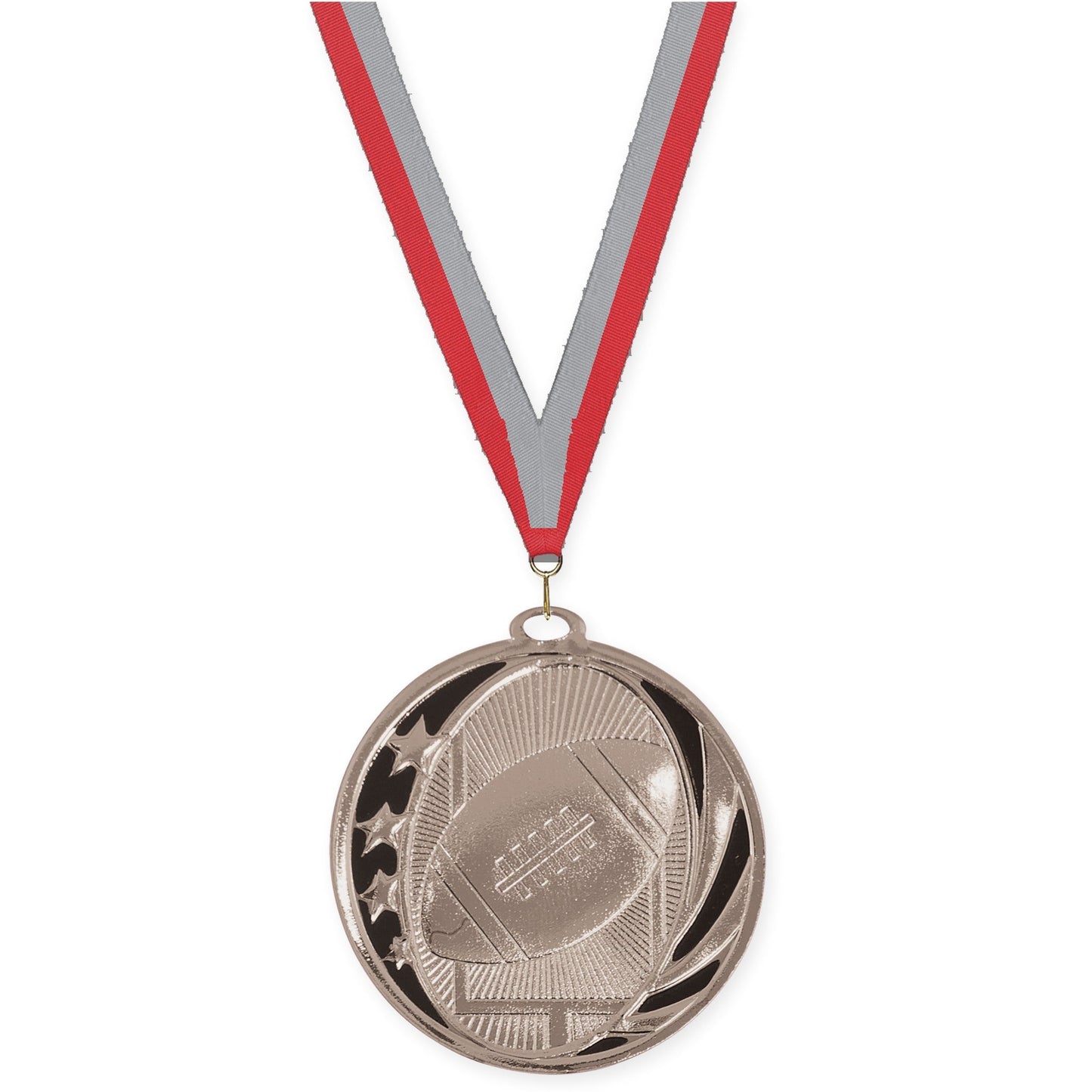 2 inch football MidNite Star medal in bright silver with Red Gray neck ribbon