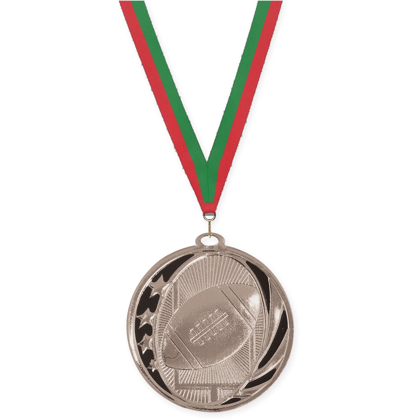 2 inch football MidNite Star medal in bright silver with Red Green neck ribbon