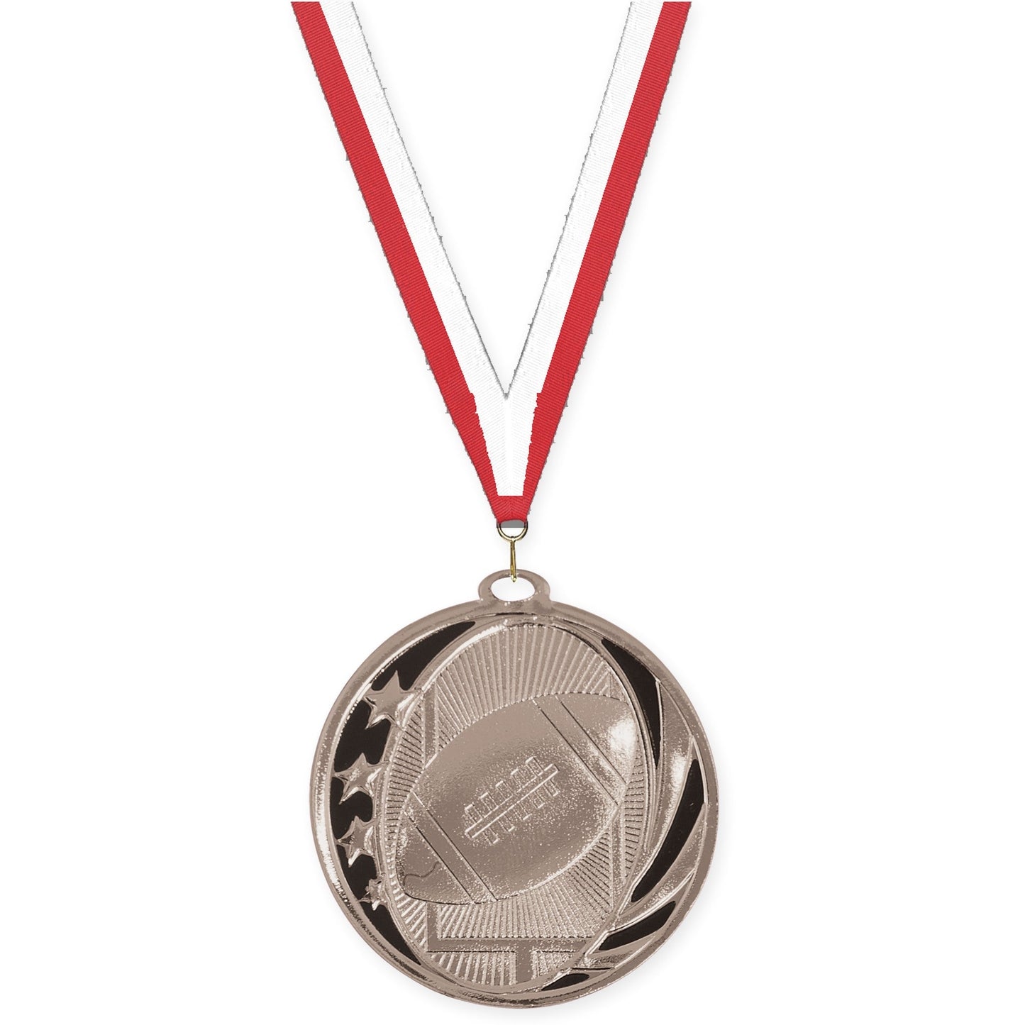 2 inch football MidNite Star medal in bright silver with Red White neck ribbon