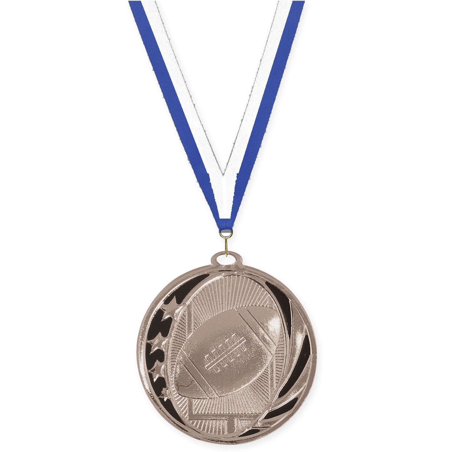 2 inch football MidNite Star medal in bright silver with Blue White neck ribbon