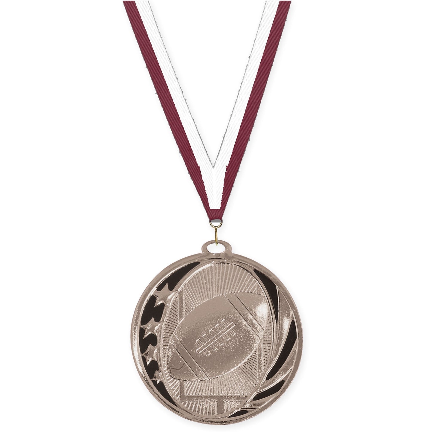 2 inch football MidNite Star medal in bright silver with Maroon White neck ribbon