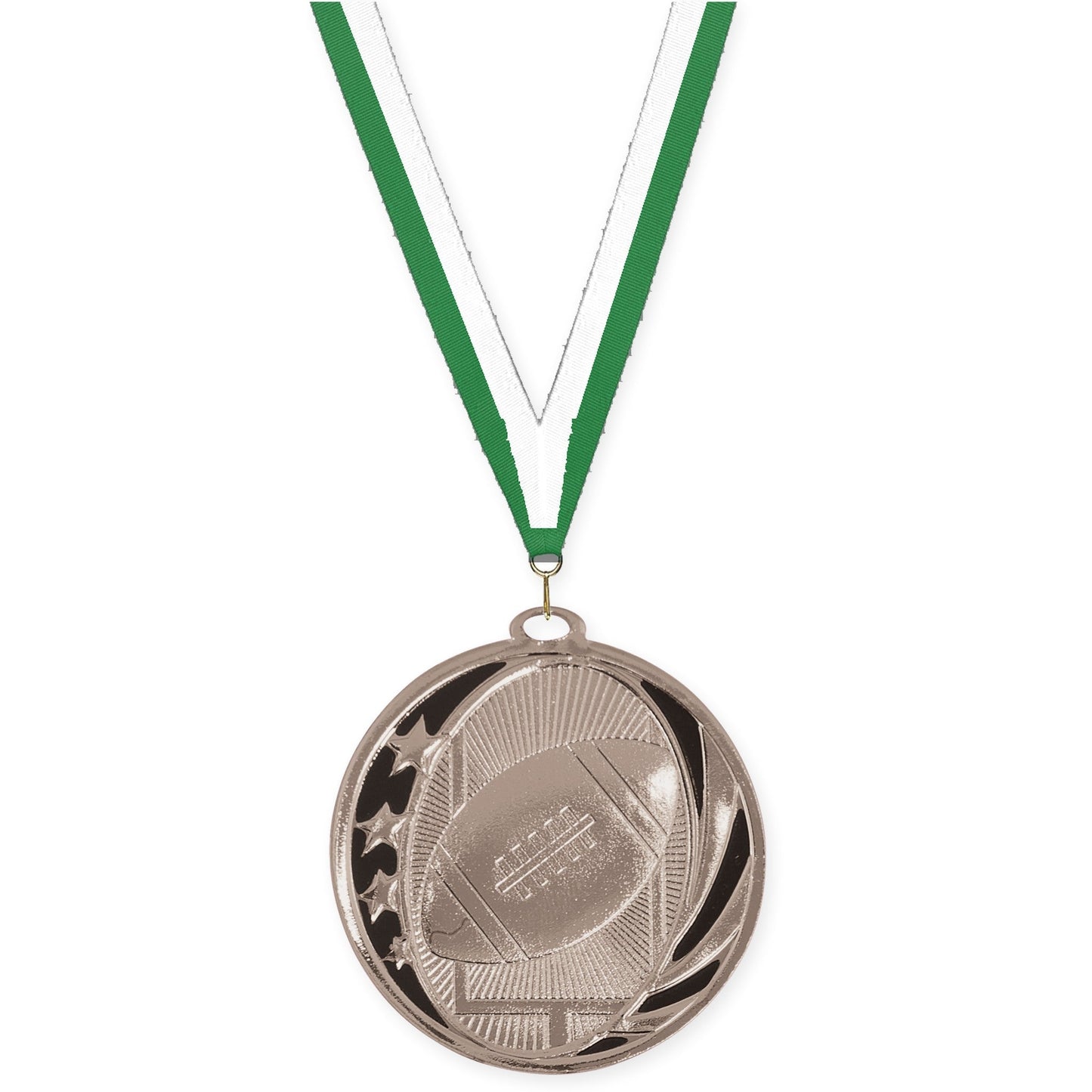 2 inch football MidNite Star medal in bright silver with Green White neck ribbon