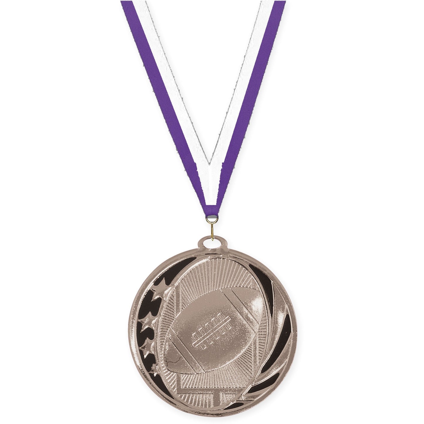 2 inch football MidNite Star medal in bright silver with Purple White neck ribbon