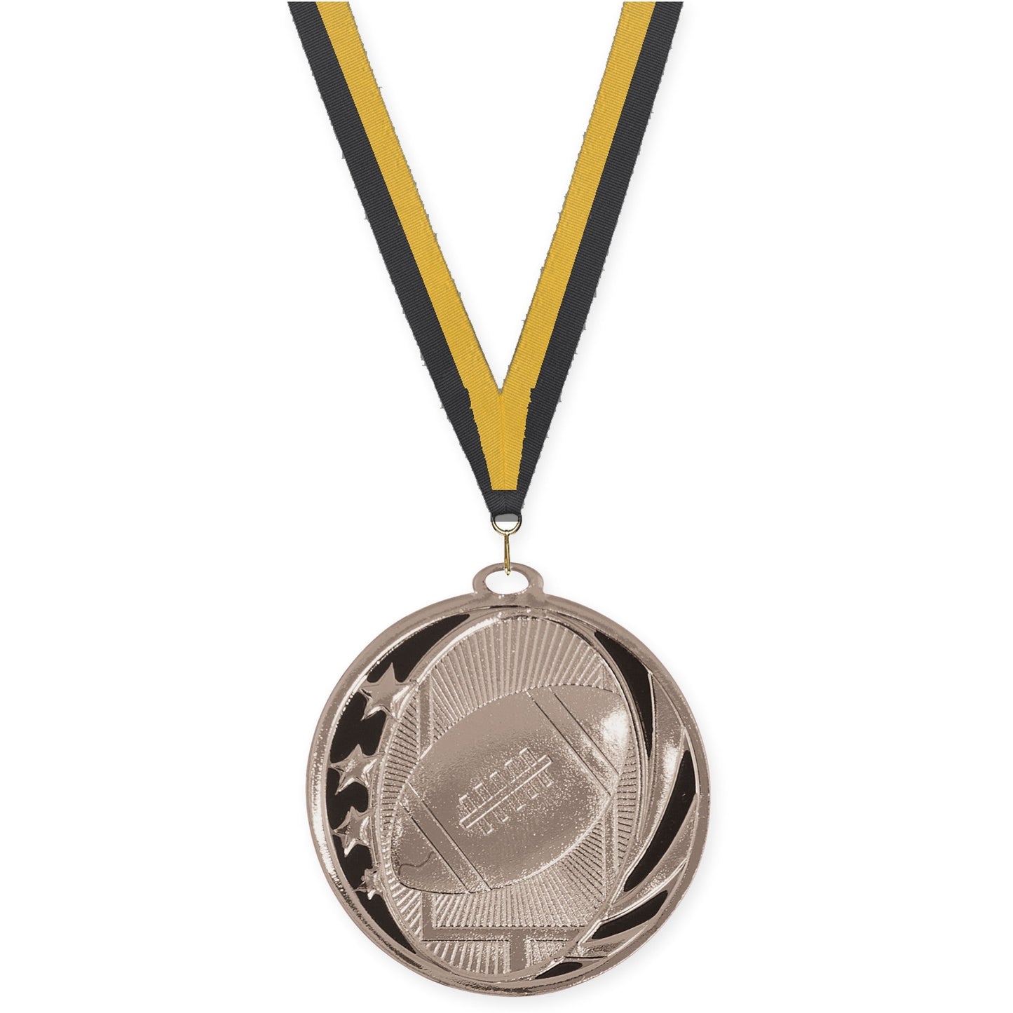 2 inch football MidNite Star medal in bright silver with Black Gold neck ribbon